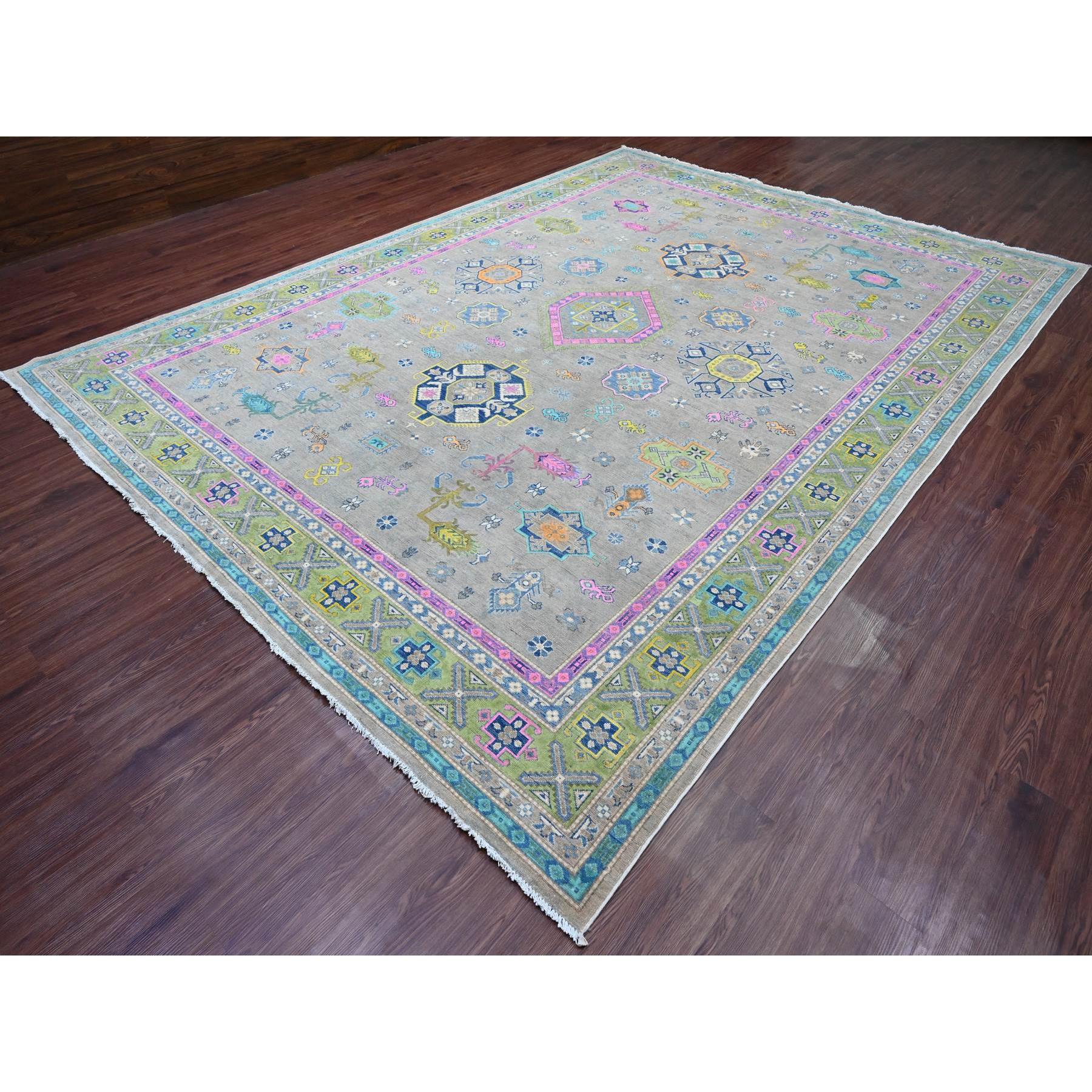 9'9"x13'2" Stone Gray, Colorful Fusion Kazak, Caucasian Medallions Design, Hand Knotted, Pure Wool, Oriental Rug Sh20973