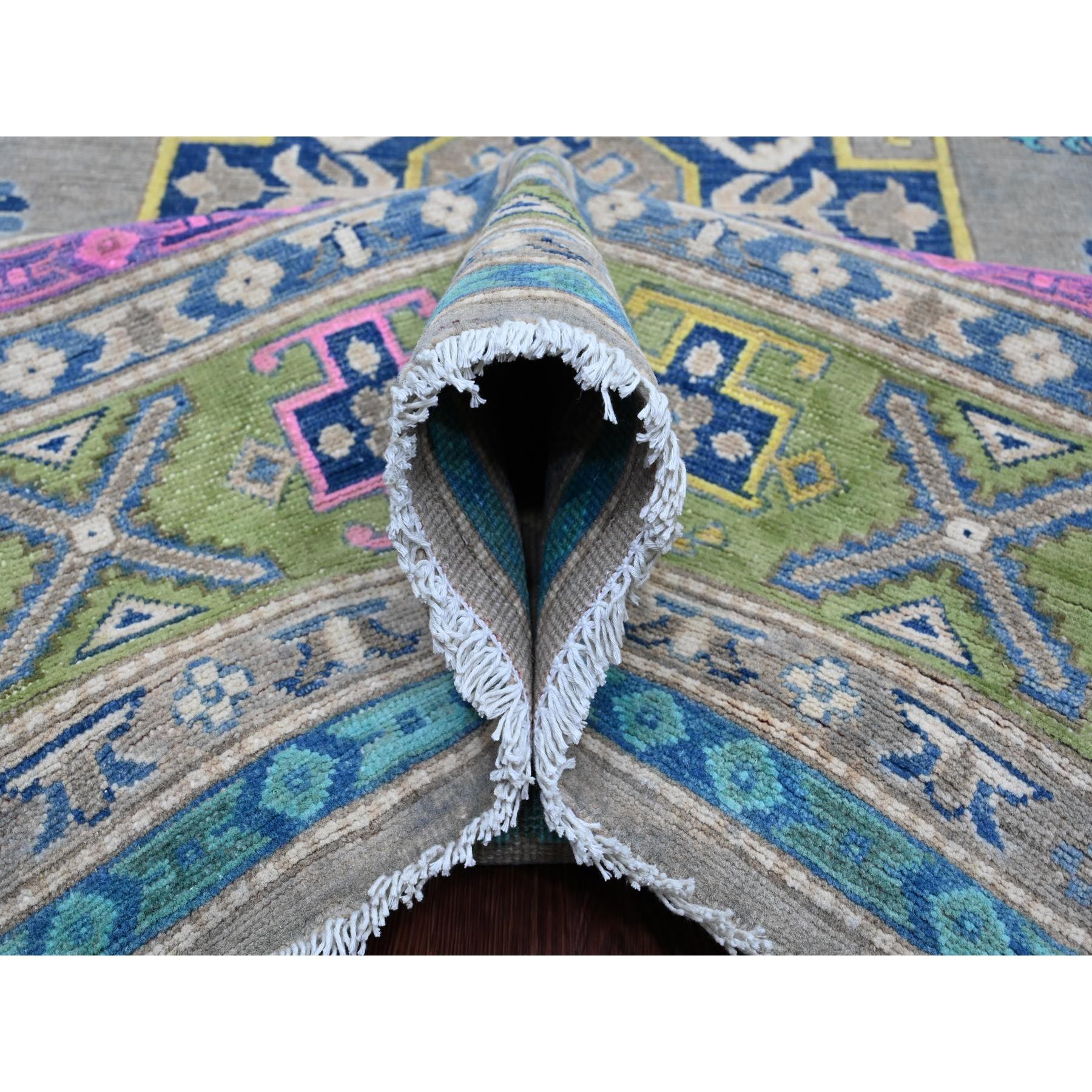 9'9"x13'2" Stone Gray, Colorful Fusion Kazak, Caucasian Medallions Design, Hand Knotted, Pure Wool, Oriental Rug Sh20973