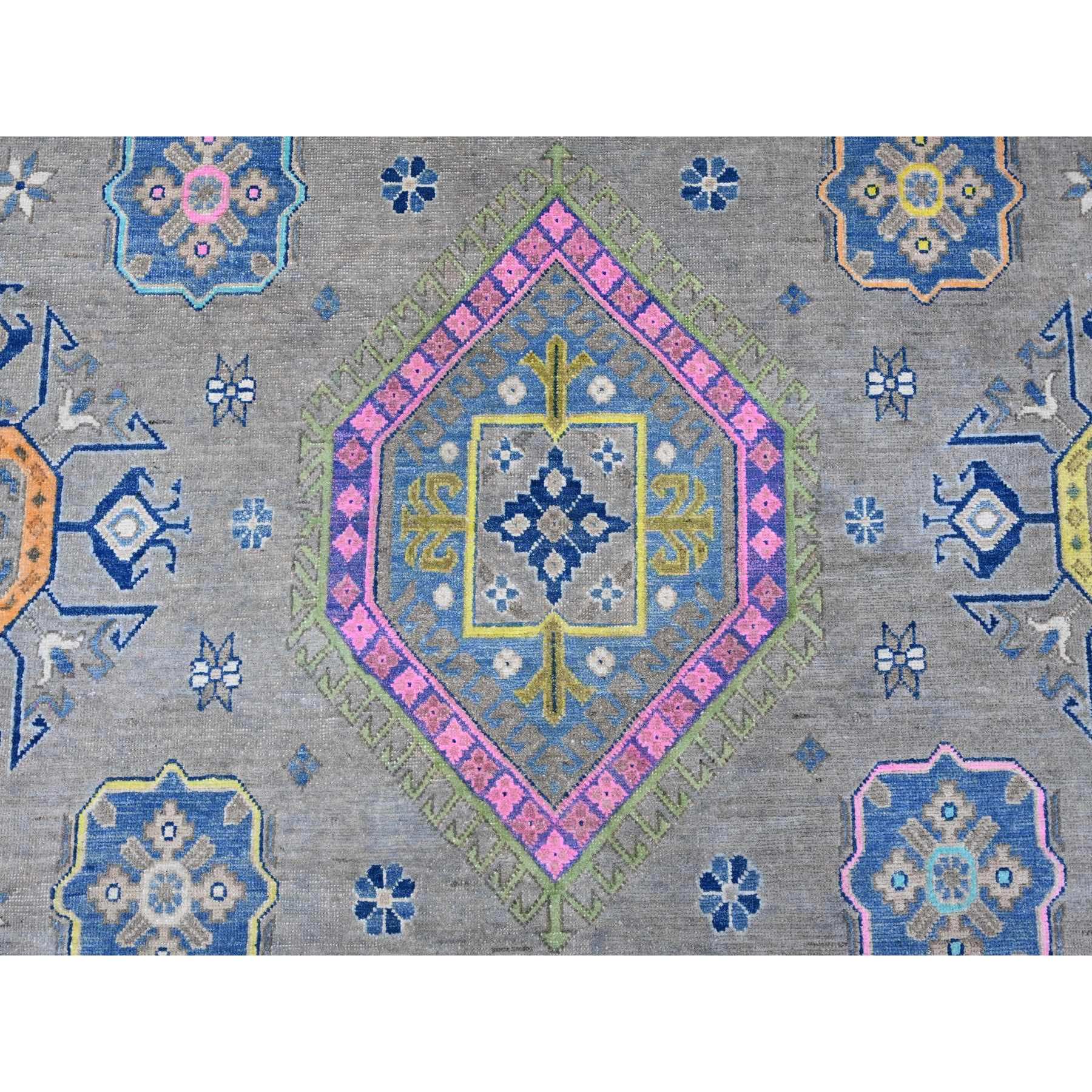 9'9"x13'2" Stone Gray, Colorful Fusion Kazak, Caucasian Medallions Design, Hand Knotted, Pure Wool, Oriental Rug Sh20973
