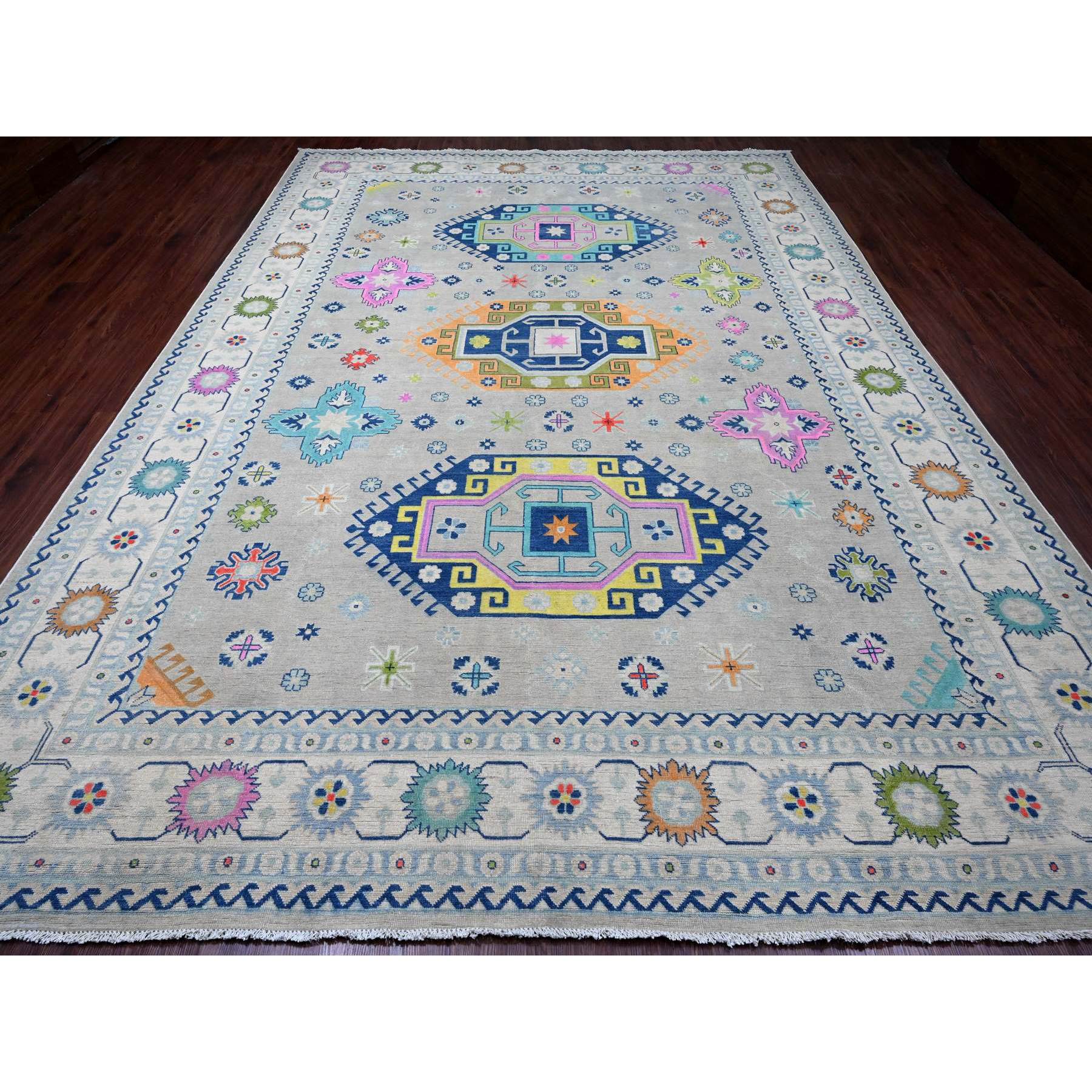 9'7"x13'4" Cloud Gray, Colorful Fusion Kazak, Caucasian Design with Geometric Medallions, 100% Wool, Hand Knotted, Oriental Rug Sh20974