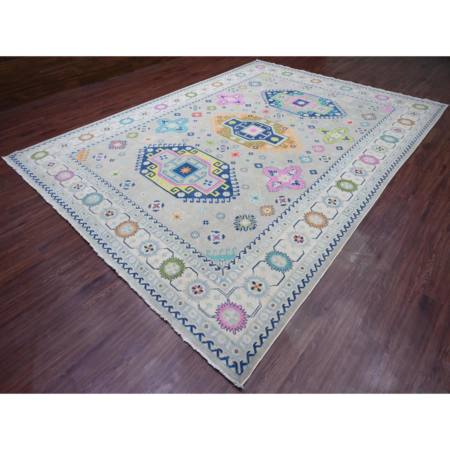 9'7"x13'4" Cloud Gray, Colorful Fusion Kazak, Caucasian Design with Geometric Medallions, 100% Wool, Hand Knotted, Oriental Rug Sh20974