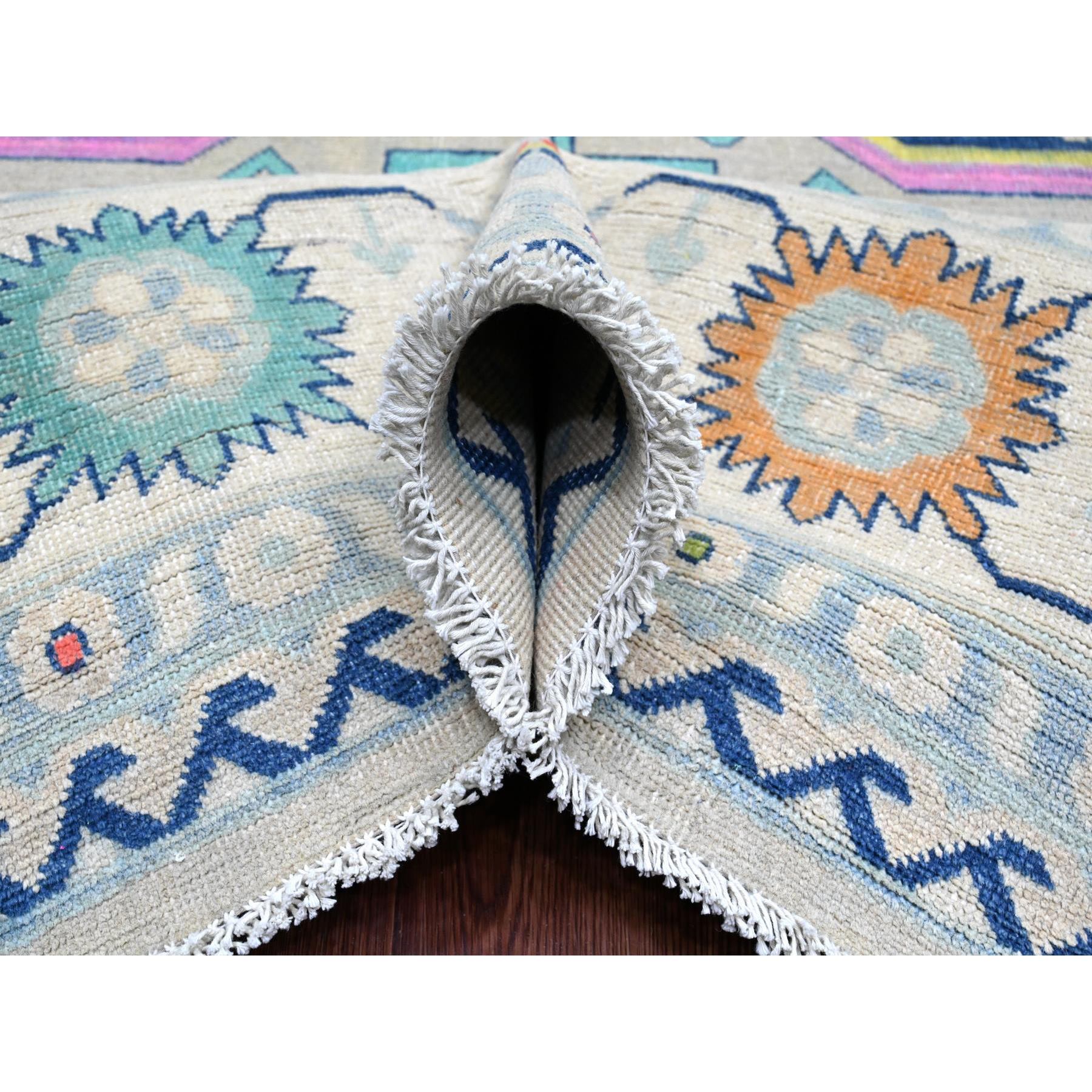 9'7"x13'4" Cloud Gray, Colorful Fusion Kazak, Caucasian Design with Geometric Medallions, 100% Wool, Hand Knotted, Oriental Rug Sh20974