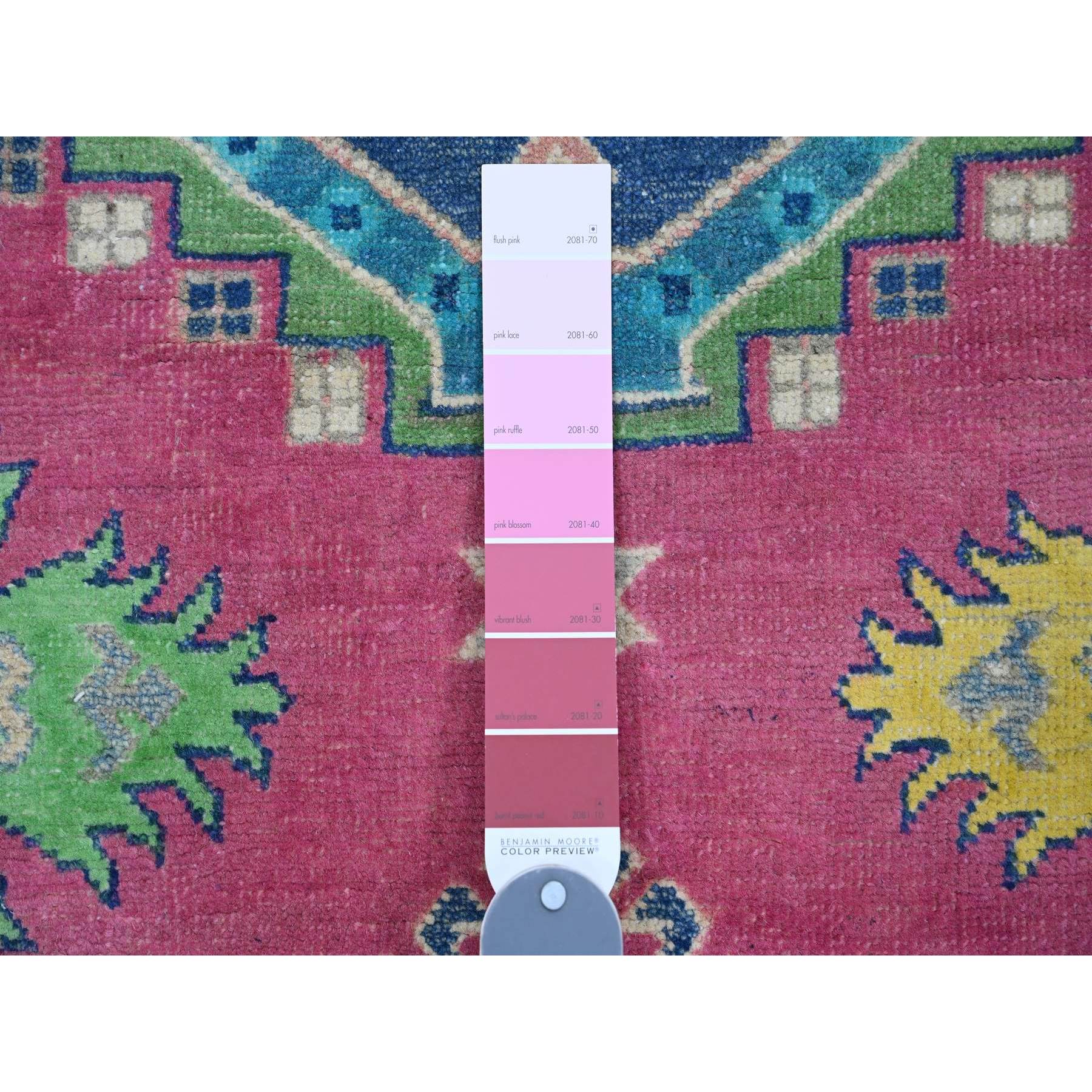 5'9"x8'8" Bubblegum Pink, Colorful Fusion Kazak, Caucasian Design with Geometric Medallions, Hand Knotted, 100% Wool, Oriental Rug Sh20977