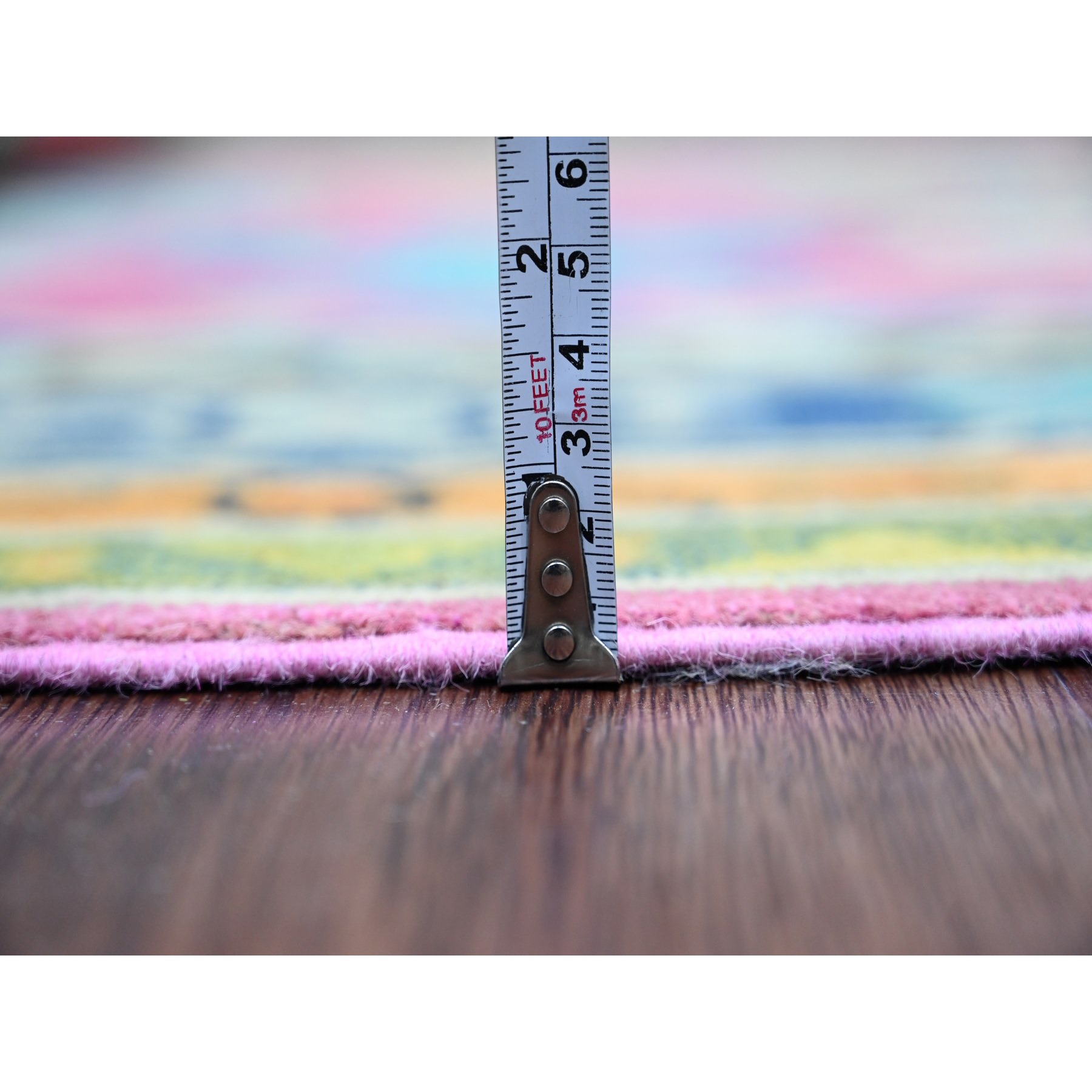 5'9"x8'8" Bubblegum Pink, Colorful Fusion Kazak, Caucasian Design with Geometric Medallions, Hand Knotted, 100% Wool, Oriental Rug Sh20977