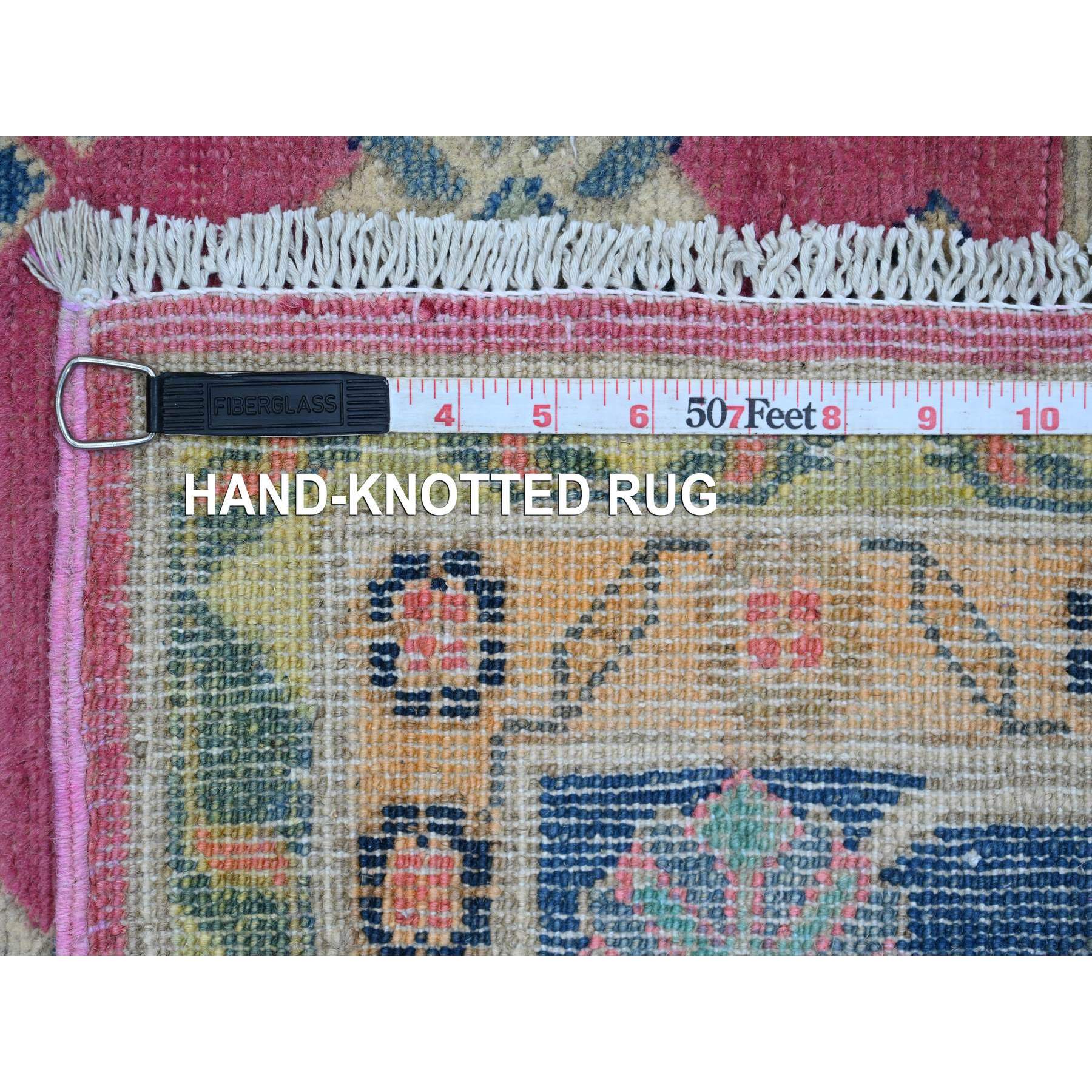 5'9"x8'8" Bubblegum Pink, Colorful Fusion Kazak, Caucasian Design with Geometric Medallions, Hand Knotted, 100% Wool, Oriental Rug Sh20977
