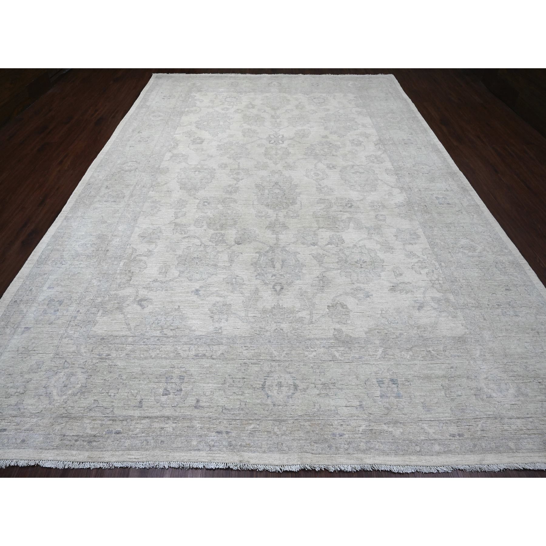 9'8"x13'8" Whisper White, Washed Out Peshawar with All Over Leaf Design, Hand Knotted, Vegetable Dyes, 100% Wool, Oriental Rug Sh20978