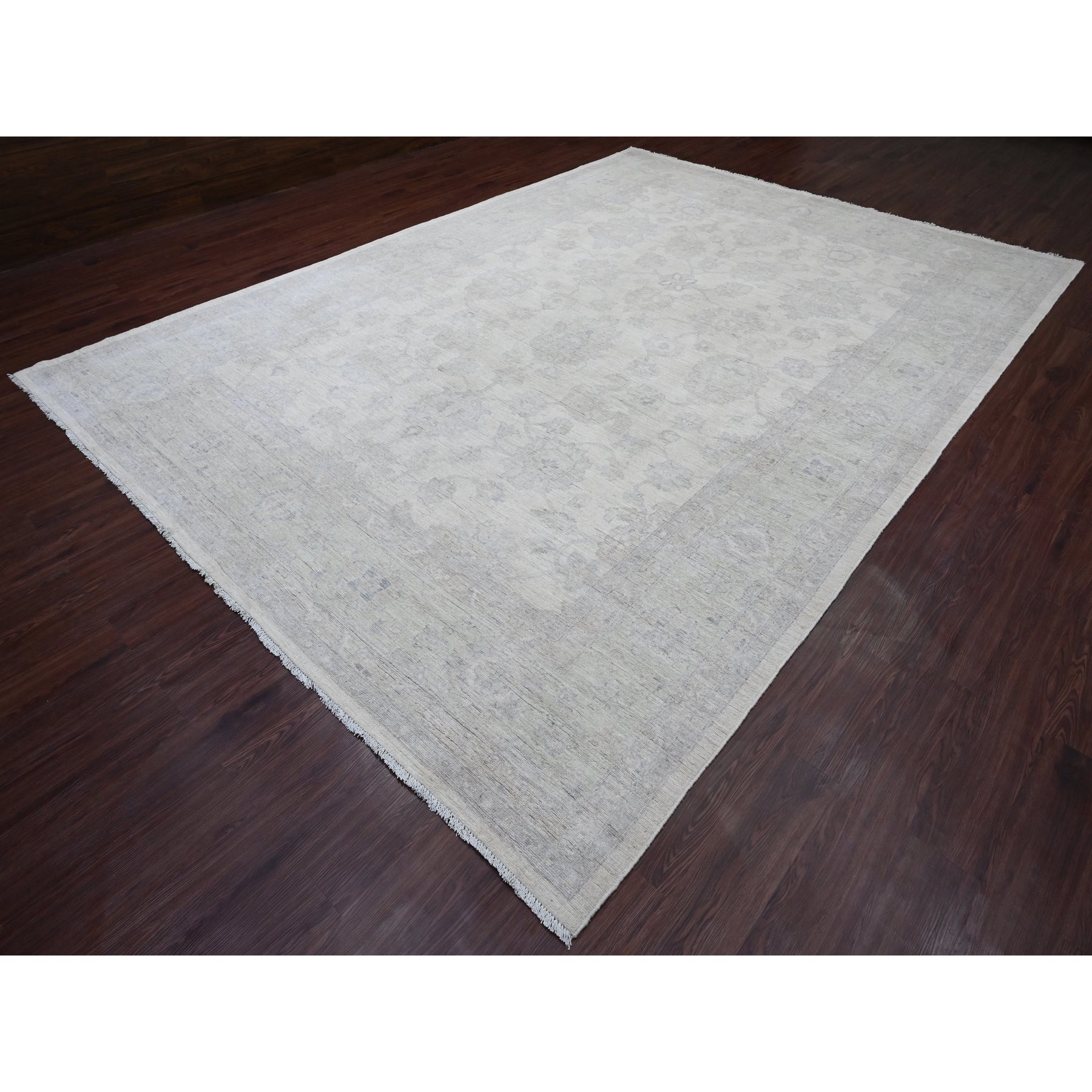 9'8"x13'8" Whisper White, Washed Out Peshawar with All Over Leaf Design, Hand Knotted, Vegetable Dyes, 100% Wool, Oriental Rug Sh20978