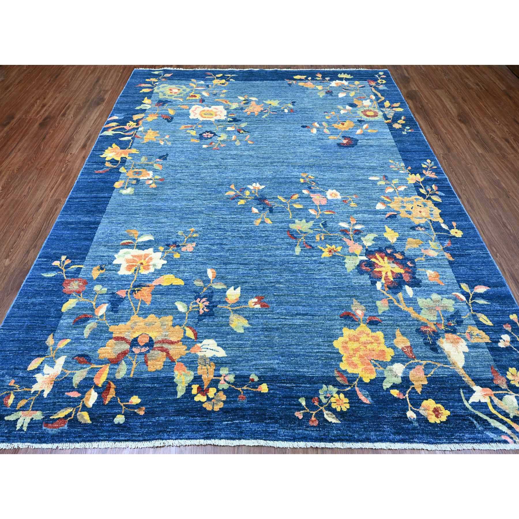 8'x10' Imperial Blue, Chinese Art Deco Inspired Peshawar, Vegetable Dyes, Hand Knotted, Soft and Vibrant Wool, Oriental Rug Sh20979