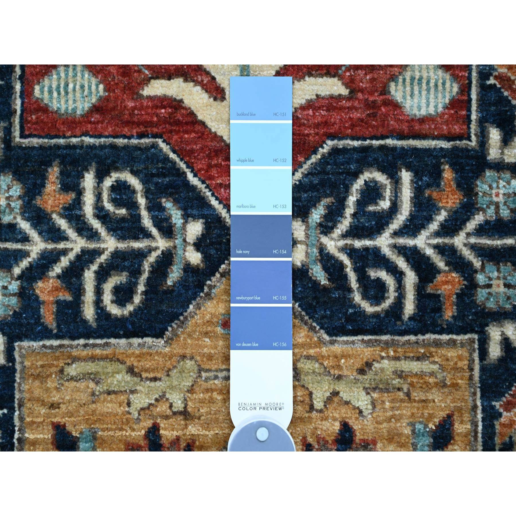 2'7"x7'10" Yale Blue, Aryana Collection, Afghan Peshawar with Caucasian Akstafa Design, Hand Knotted, High Mountain Wool, Runner, Oriental Rug Sh20980