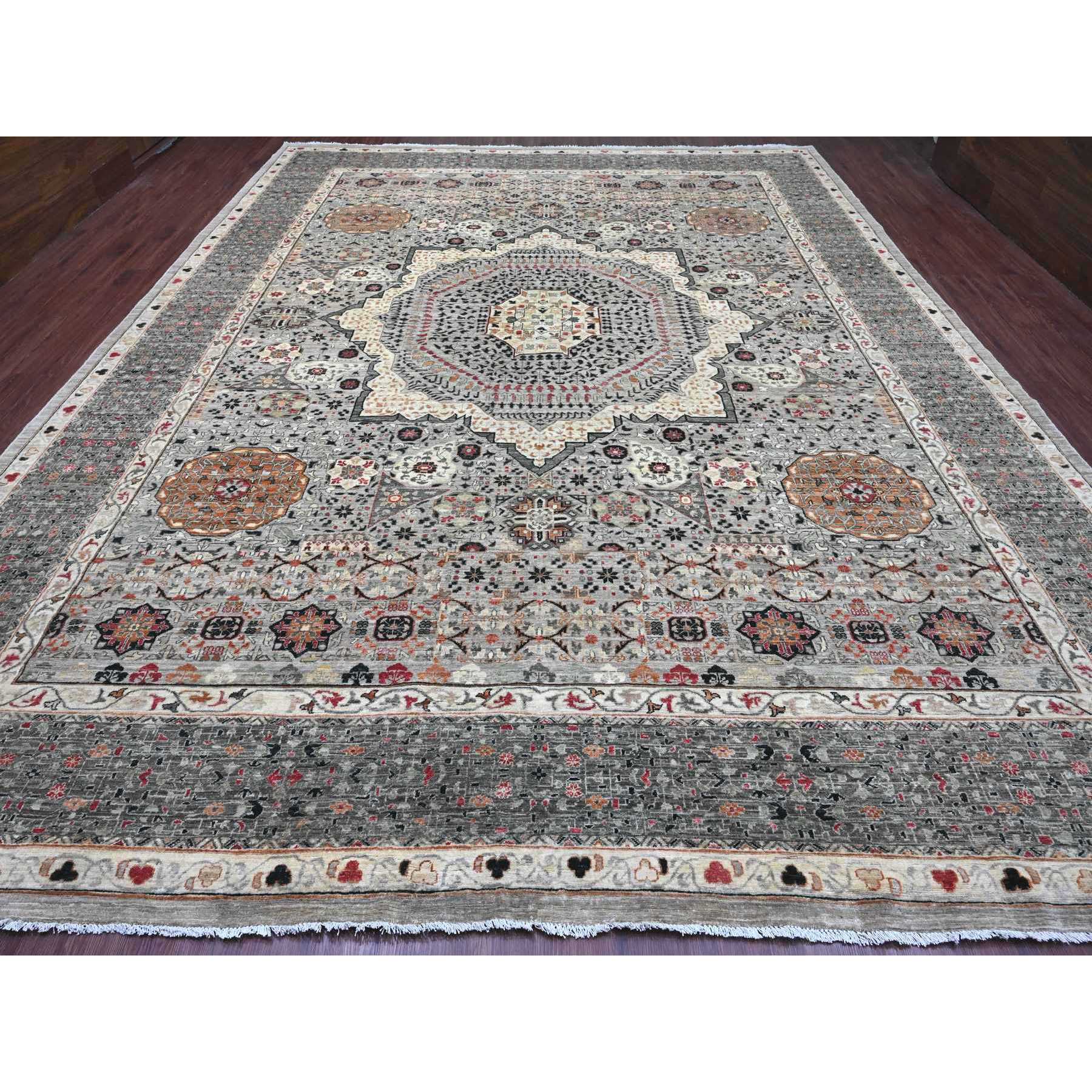 12'x15'4" Cloud Gray, 14th Century Mamluk Dynasty Pattern with Star Medallion Design, High Mountain Wool, Hand Knotted, Natural Dyes, Oversized, Oriental Rug Sh20982