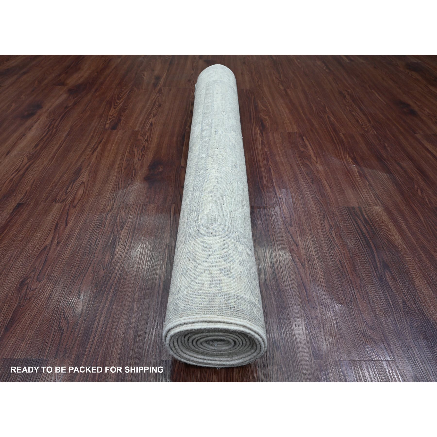 4'x11'10" Medium Gray, Washed Out Peshawar with Heriz All Over Design, High Mountain Wool, Hand Knotted, Densely Woven, Wide Runner, Oriental Rug Sh20986