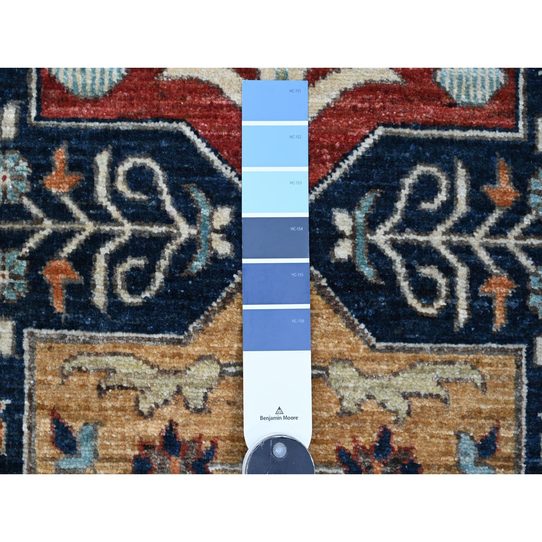 2'6"x7'10" Denim Blue, Aryana Grade, Afghan Peshawar with Caucasian Akstafa Design, High Mountain Wool, Hand Knotted, Runner, Oriental Rug Sh20990