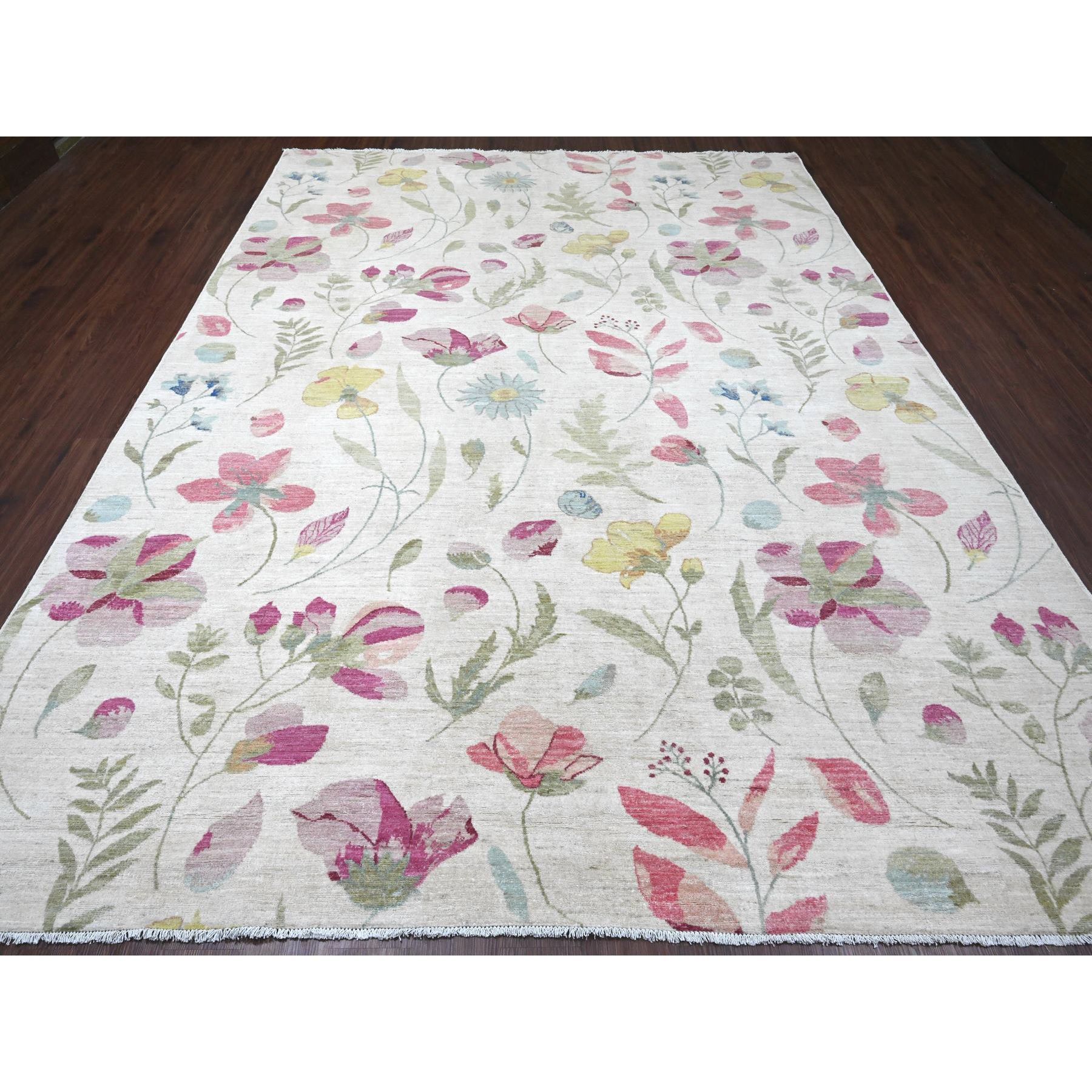 9'x11'9" Pearl White, Peshawar with Colorful Botanical Garden Design, 100% Wool, Hand Knotted, Oriental Rug Sh20993