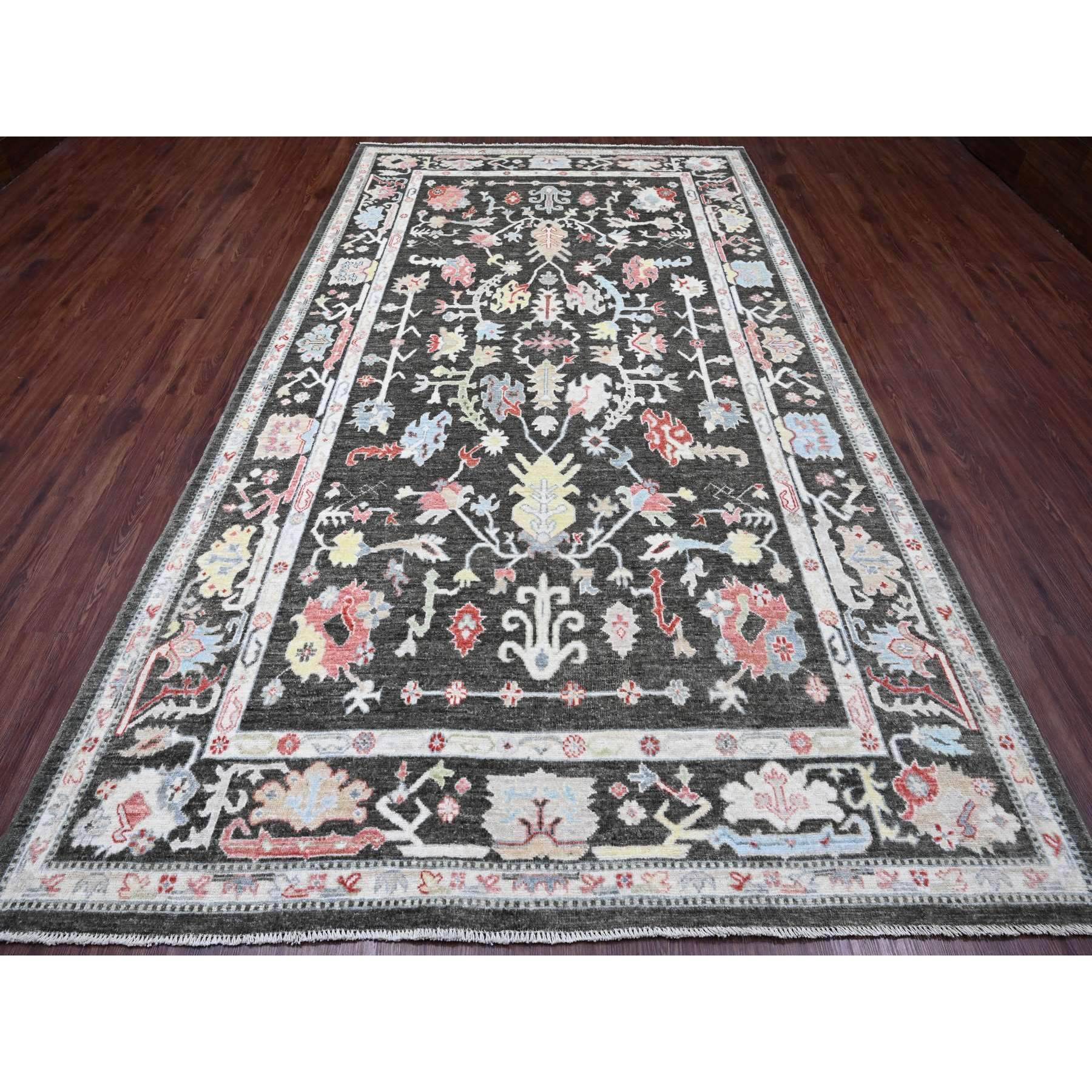 7'x12'3" Charcoal Black, Afghan Angora Oushak with Colorful Leaf Pattern, Hand Knotted, Vegetable Dyes, 100% Wool, Gallery Size, Wide and Long Runner, Special Size, Oriental Rug Sh20994