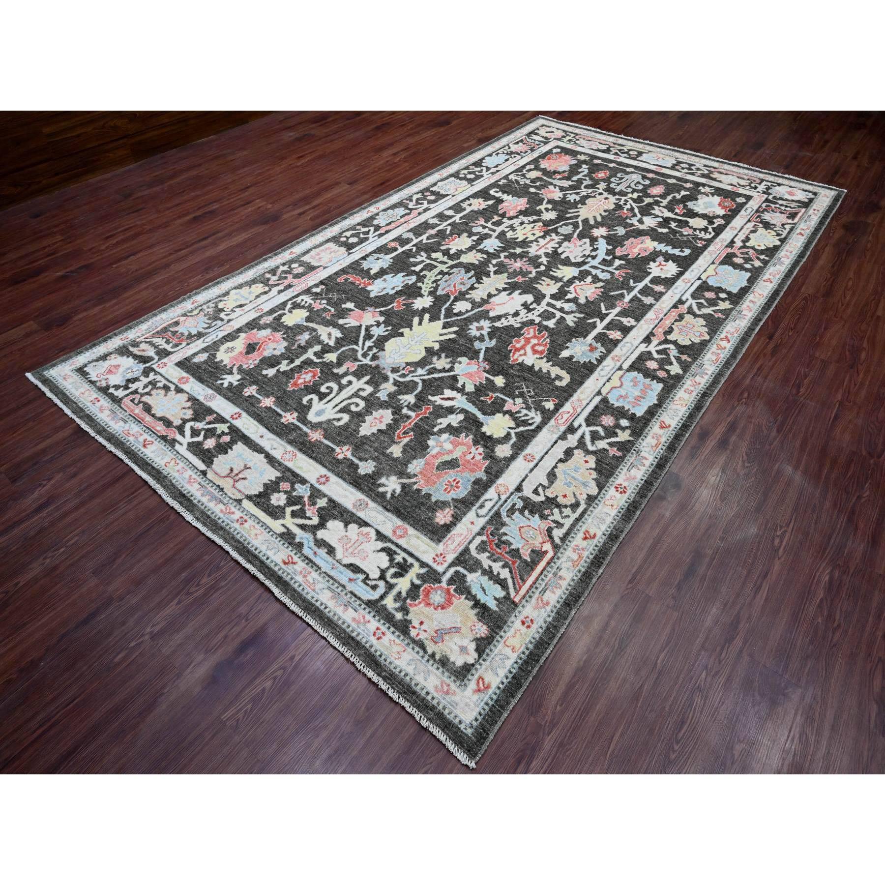 7'x12'3" Charcoal Black, Afghan Angora Oushak with Colorful Leaf Pattern, Hand Knotted, Vegetable Dyes, 100% Wool, Gallery Size, Wide and Long Runner, Special Size, Oriental Rug Sh20994