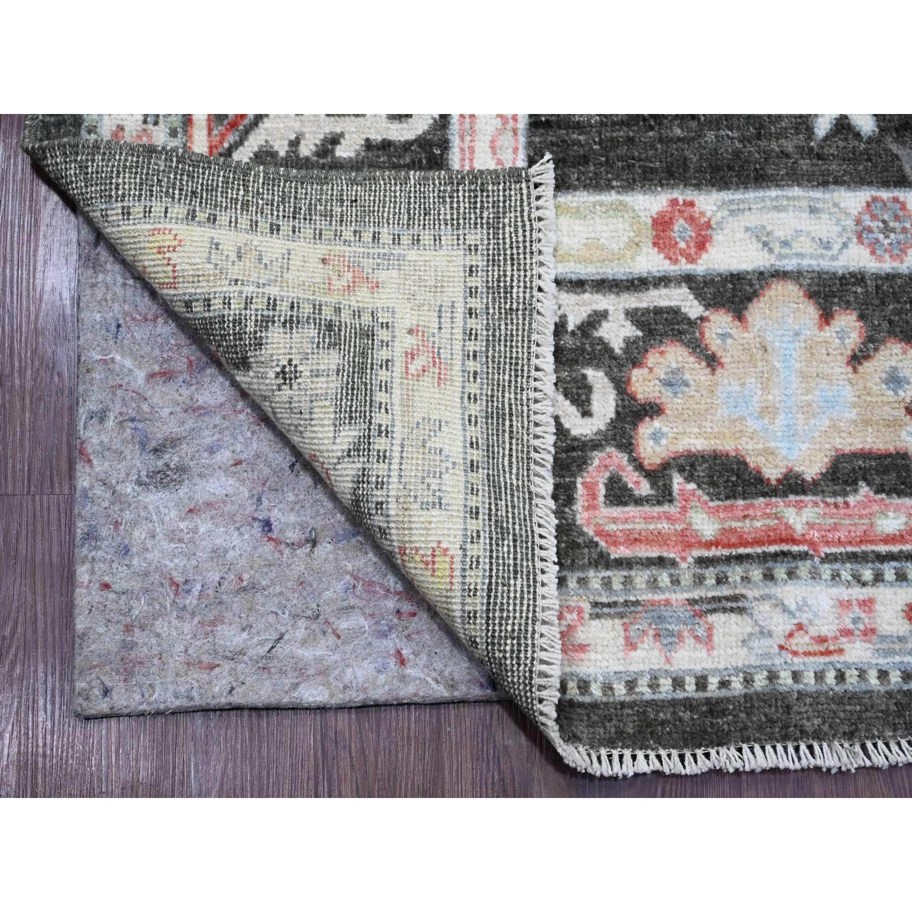 7'x12'3" Charcoal Black, Afghan Angora Oushak with Colorful Leaf Pattern, Hand Knotted, Vegetable Dyes, 100% Wool, Gallery Size, Wide and Long Runner, Special Size, Oriental Rug Sh20994