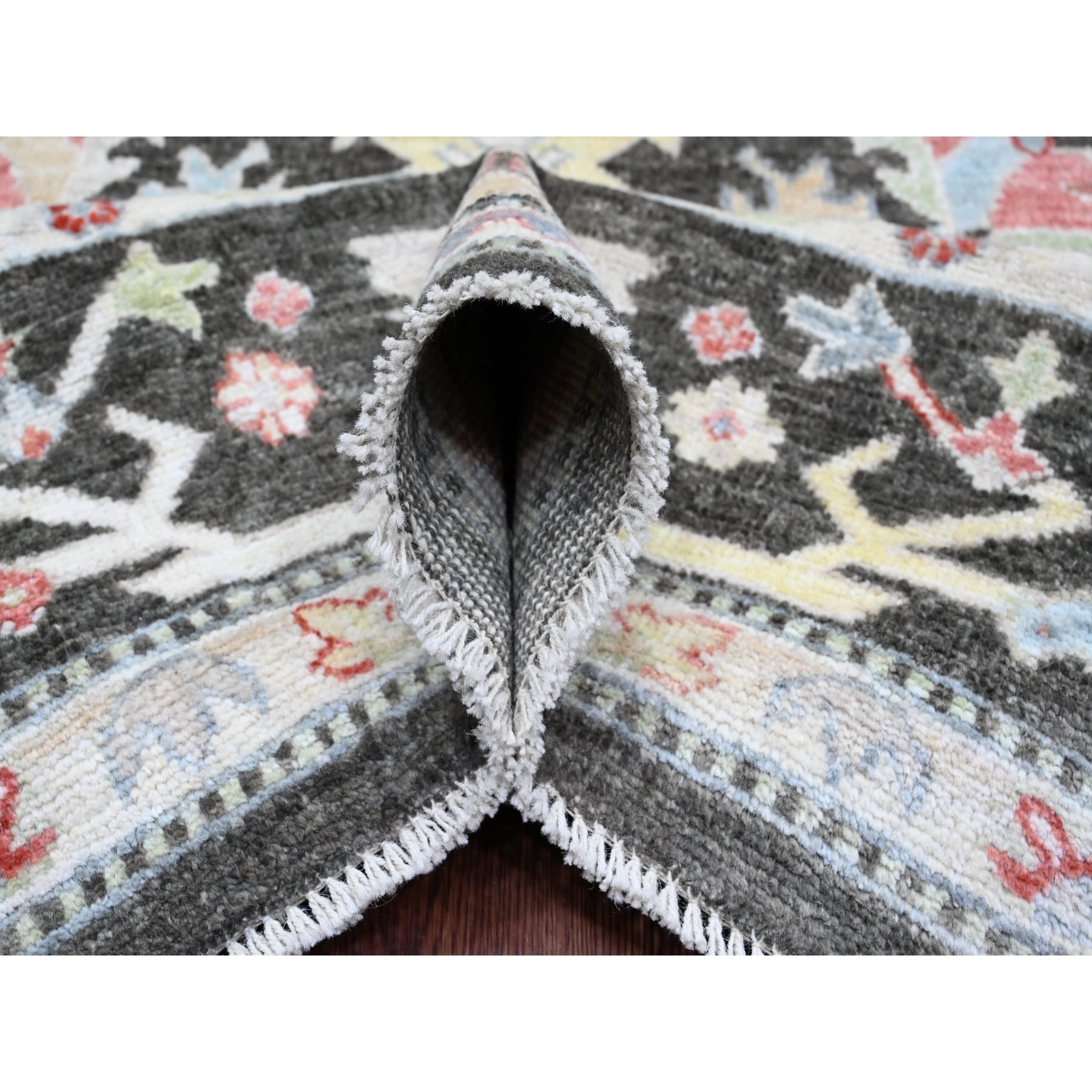 7'x12'3" Charcoal Black, Afghan Angora Oushak with Colorful Leaf Pattern, Hand Knotted, Vegetable Dyes, 100% Wool, Gallery Size, Wide and Long Runner, Special Size, Oriental Rug Sh20994