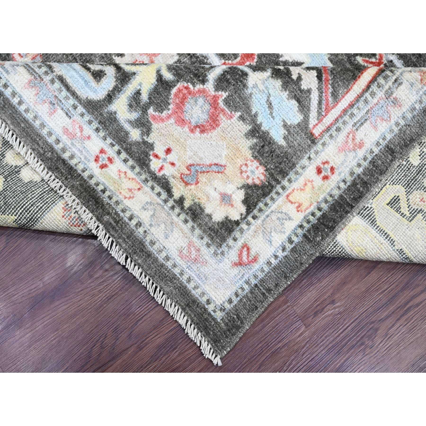 7'x12'3" Charcoal Black, Afghan Angora Oushak with Colorful Leaf Pattern, Hand Knotted, Vegetable Dyes, 100% Wool, Gallery Size, Wide and Long Runner, Special Size, Oriental Rug Sh20994
