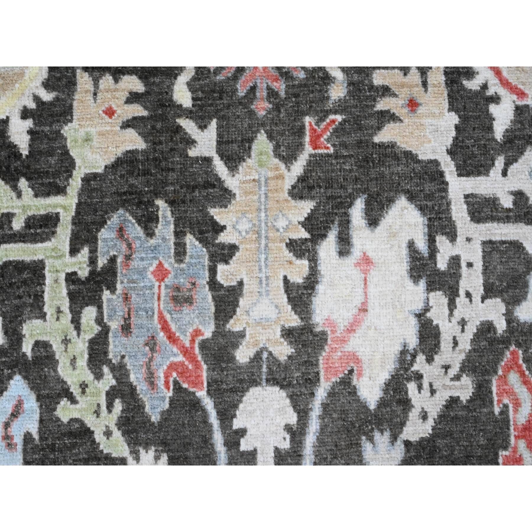 7'x12'3" Charcoal Black, Afghan Angora Oushak with Colorful Leaf Pattern, Hand Knotted, Vegetable Dyes, 100% Wool, Gallery Size, Wide and Long Runner, Special Size, Oriental Rug Sh20994