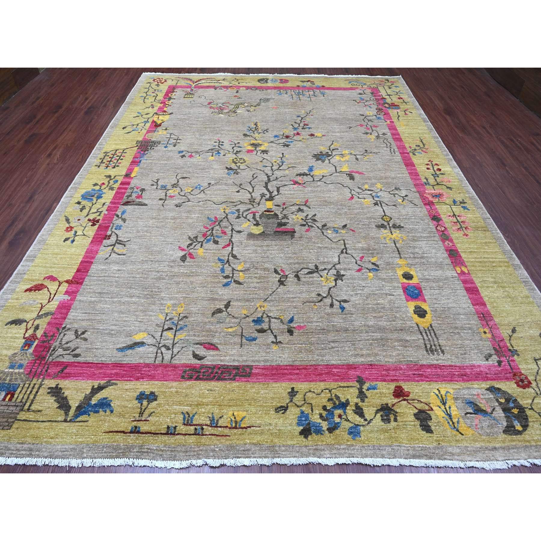 9'3"x12' Pastel Gray, Chinese Art Deco Inspired Peshawar, Hand Knotted, Pure Wool, Veggie Dyes, Oriental Rug Sh20999