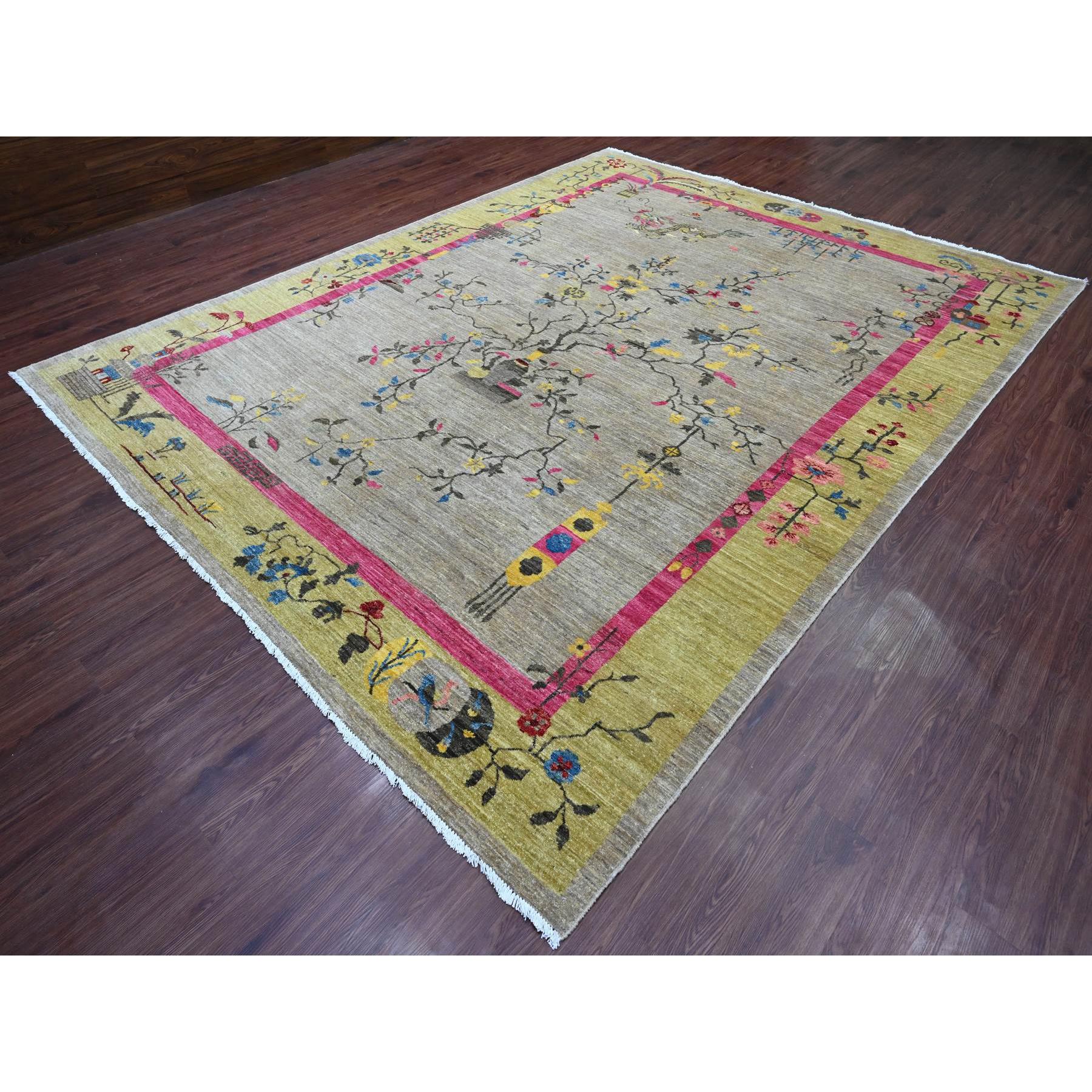 9'3"x12' Pastel Gray, Chinese Art Deco Inspired Peshawar, Hand Knotted, Pure Wool, Veggie Dyes, Oriental Rug Sh20999