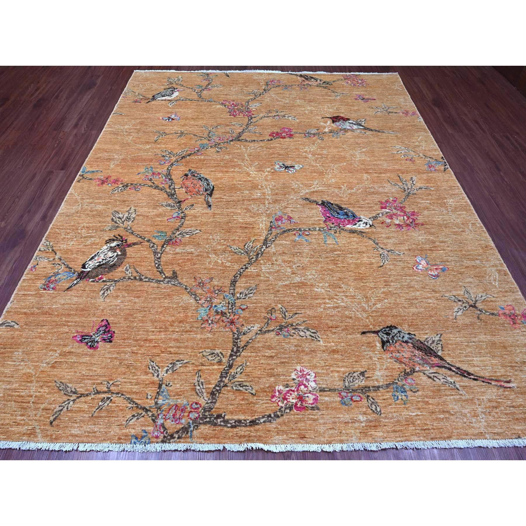 8'2"x9'9" Copper Brown, Sparrows on the Tree, Peshawar, Hand Knotted, High Mountain Wool, Soft to the Touch, Oriental Rug Sh21000