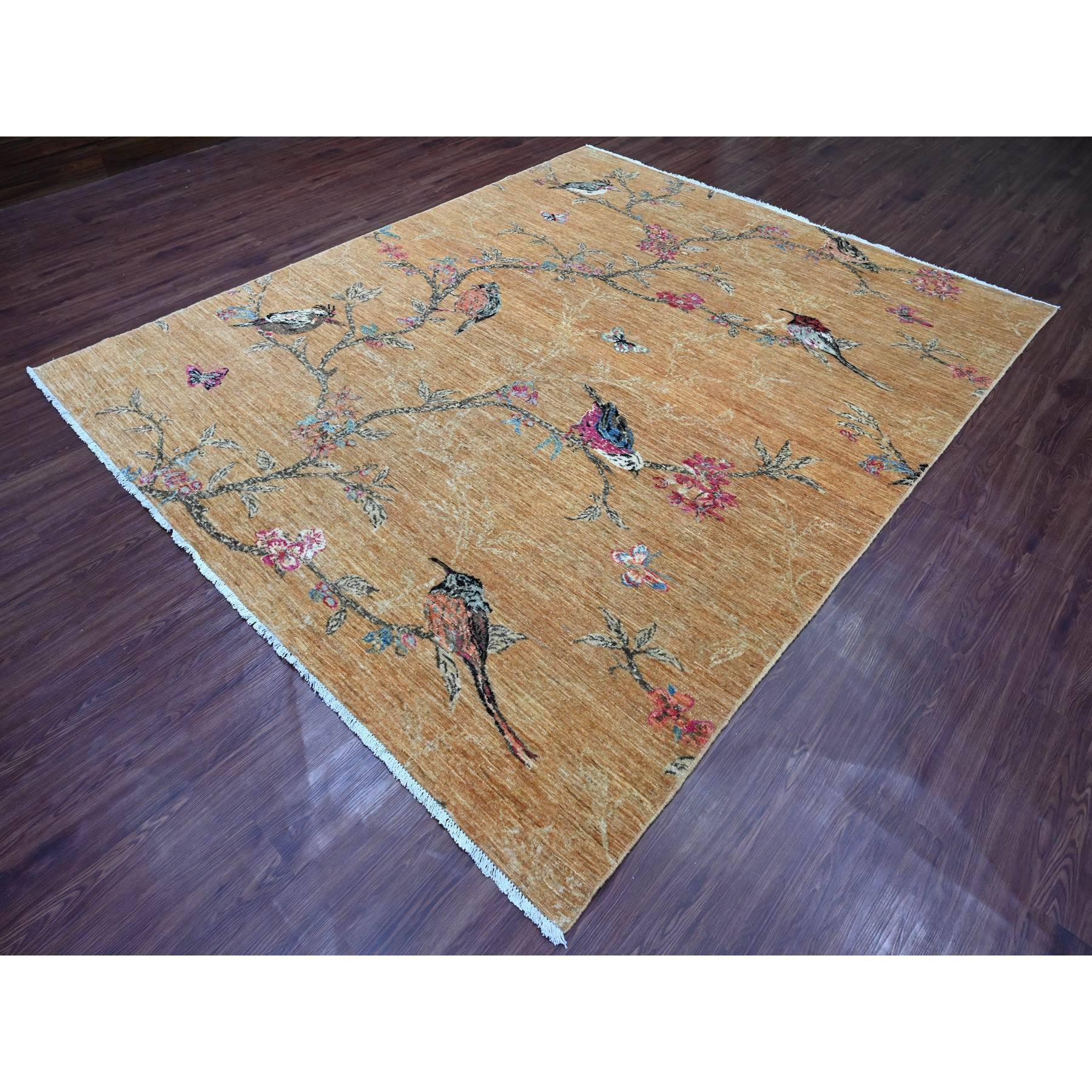 8'2"x9'9" Copper Brown, Sparrows on the Tree, Peshawar, Hand Knotted, High Mountain Wool, Soft to the Touch, Oriental Rug Sh21000