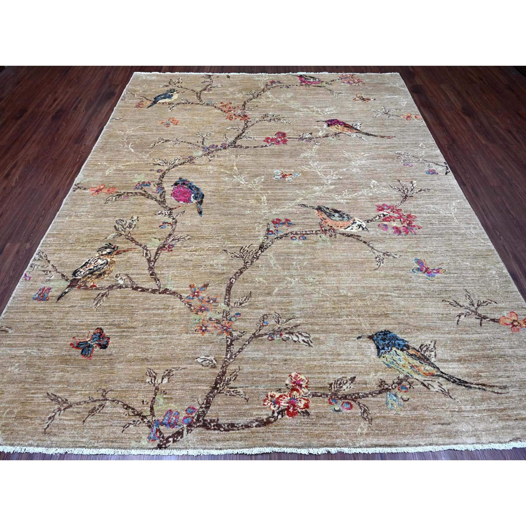 8'2"x9'9" Beaver Brown, Hand Knotted, Sparrows on the Tree, Peshawar, 100% Wool, Soft Pile, Densely Woven, Oriental Rug Sh21001