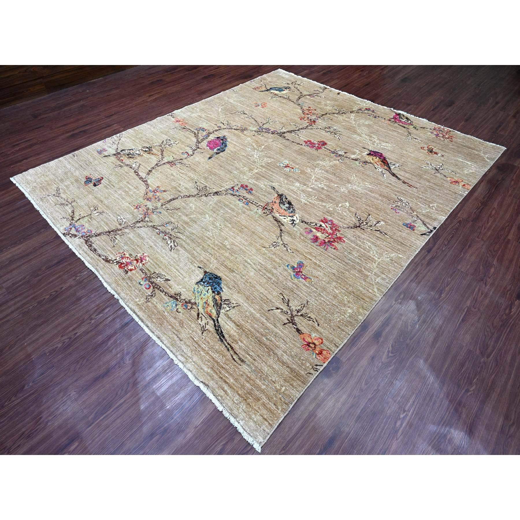 8'2"x9'9" Beaver Brown, Hand Knotted, Sparrows on the Tree, Peshawar, 100% Wool, Soft Pile, Densely Woven, Oriental Rug Sh21001