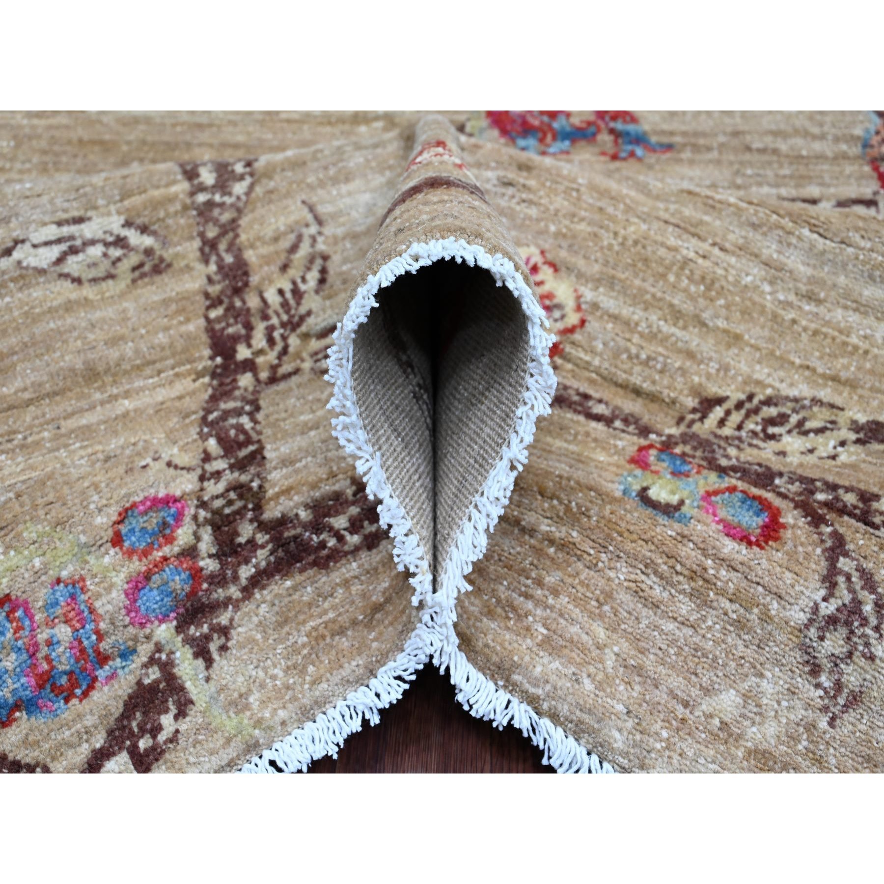 8'2"x9'9" Beaver Brown, Hand Knotted, Sparrows on the Tree, Peshawar, 100% Wool, Soft Pile, Densely Woven, Oriental Rug Sh21001