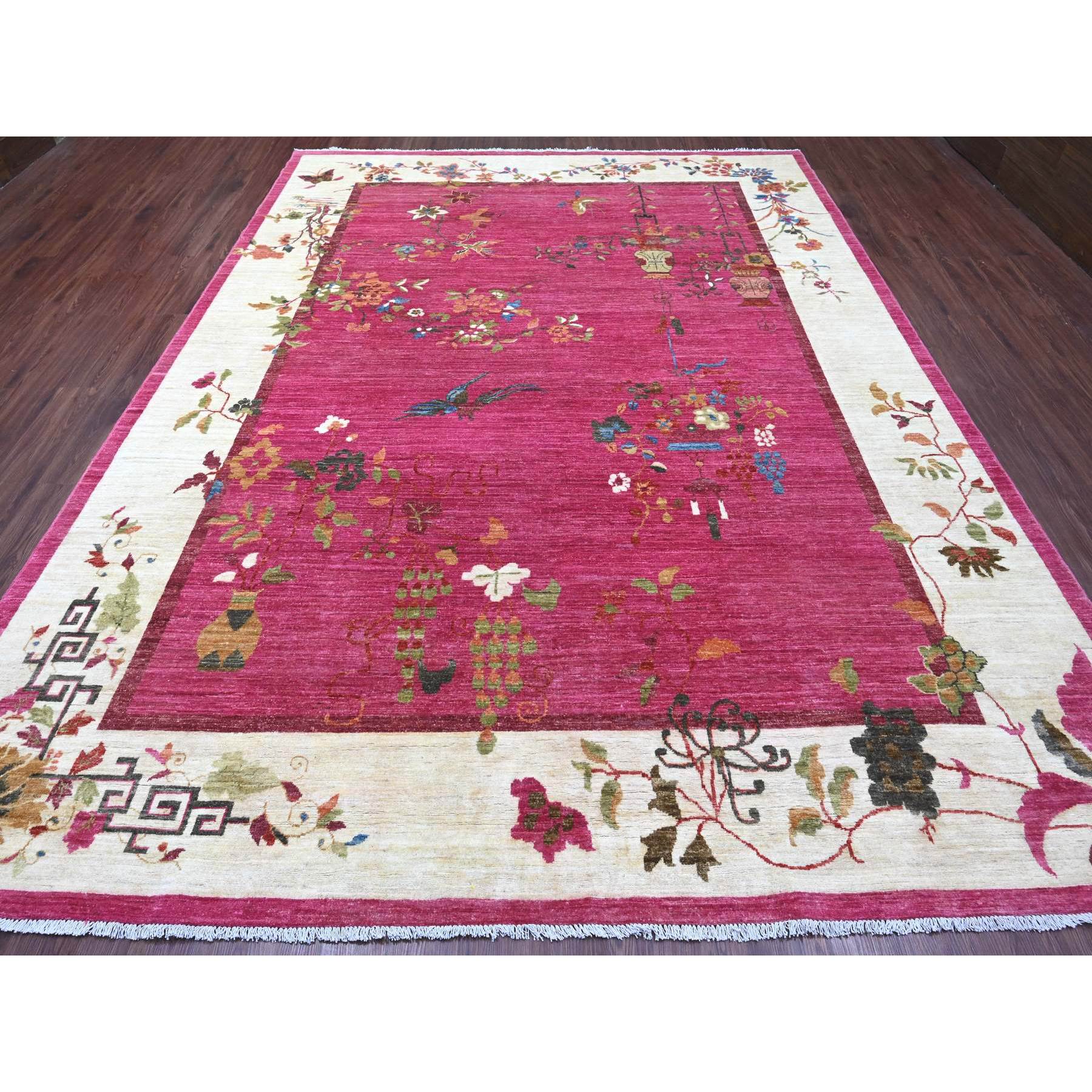 9'1"x12' Hot Pink, Pure Wool, Chinese Art Deco Inspired Peshawar, Natural Dyes, Hand Knotted, Oriental Rug Sh21004
