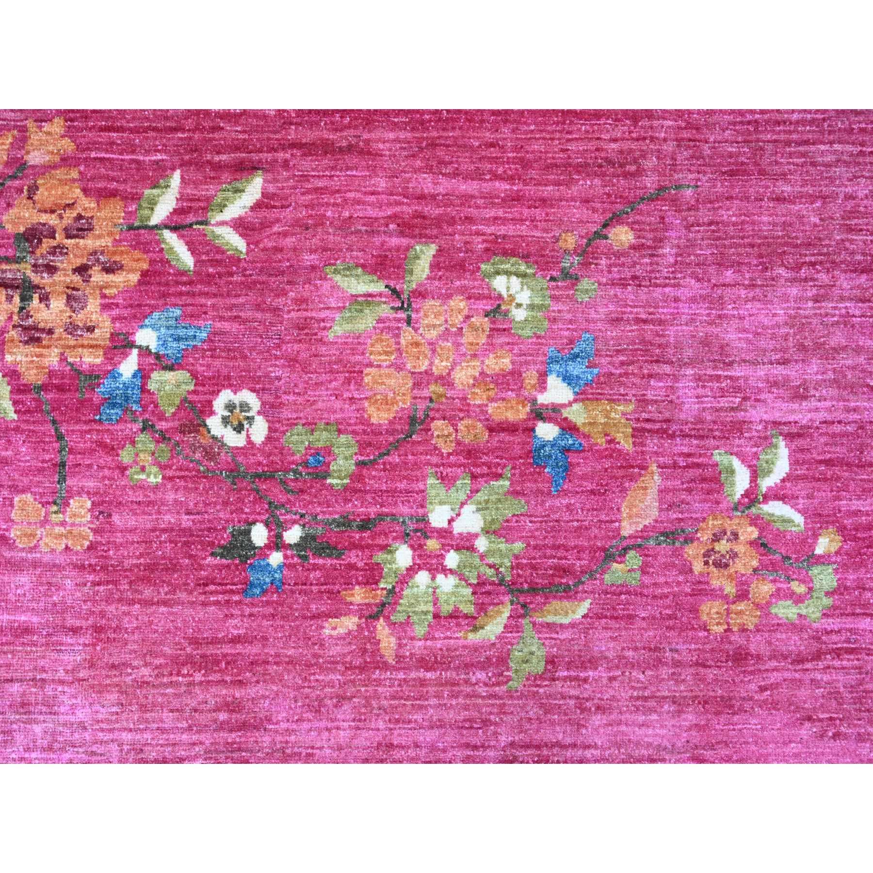 9'1"x12' Hot Pink, Pure Wool, Chinese Art Deco Inspired Peshawar, Natural Dyes, Hand Knotted, Oriental Rug Sh21004