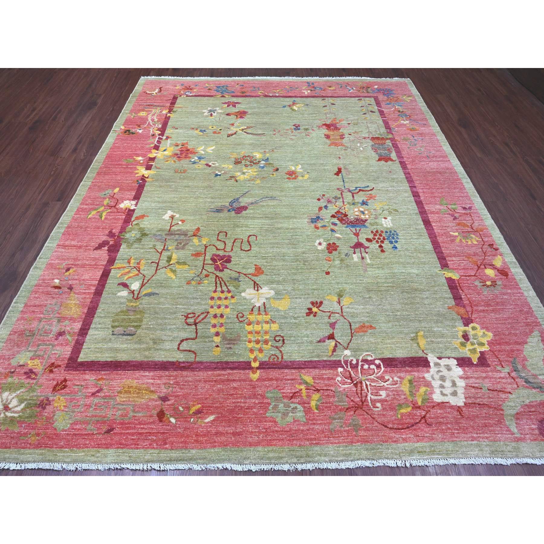 8'3"x10' Laurel Green, Chinese Art Deco Inspired Peshawar, Vegetable Dyes, Hand Knotted, Pure Wool, Oriental Rug Sh21005