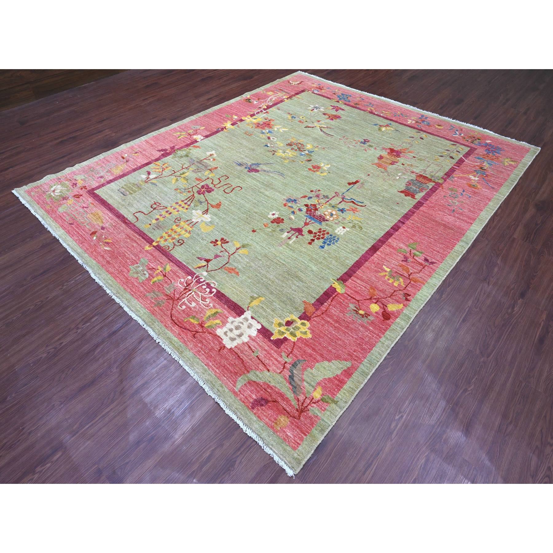 8'3"x10' Laurel Green, Chinese Art Deco Inspired Peshawar, Vegetable Dyes, Hand Knotted, Pure Wool, Oriental Rug Sh21005