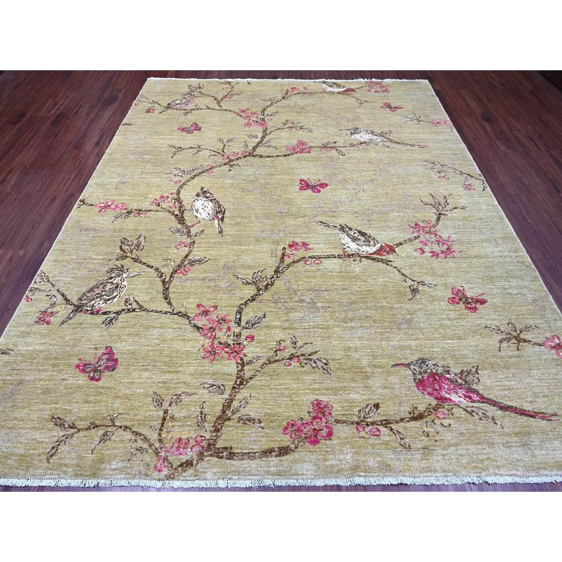 8'3"x9'9" Swamp Green with Touches of Pink, Peshawar, Sparrows on the Tree, Densely Woven, Hand Knotted, Soft 100% Wool, Oriental Rug Sh21007
