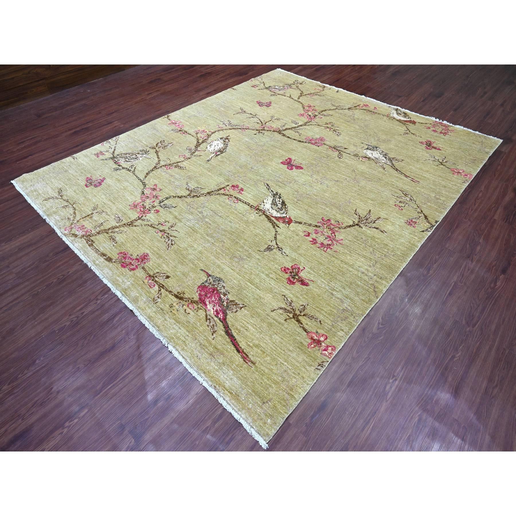 8'3"x9'9" Swamp Green with Touches of Pink, Peshawar, Sparrows on the Tree, Densely Woven, Hand Knotted, Soft 100% Wool, Oriental Rug Sh21007