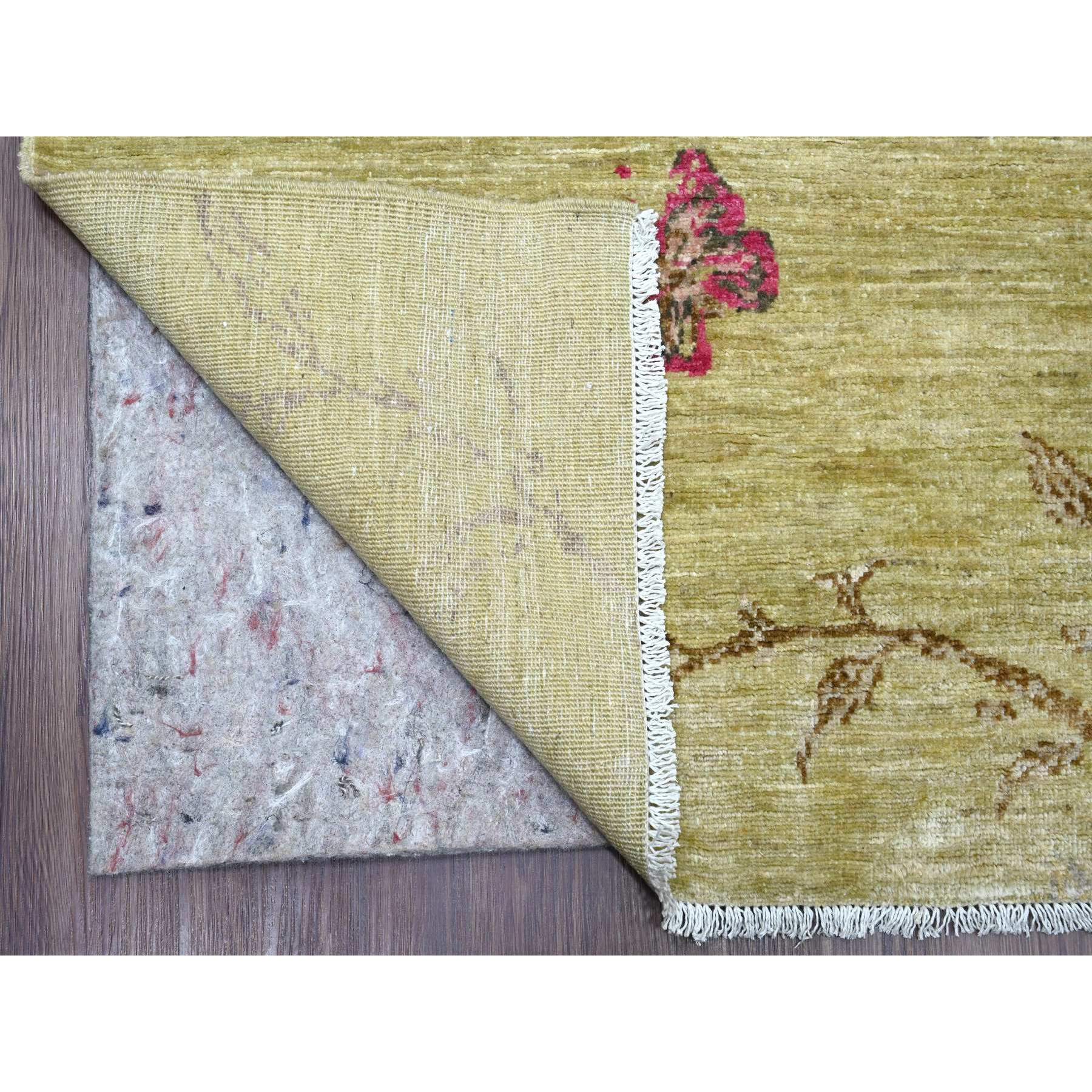8'3"x9'9" Swamp Green with Touches of Pink, Peshawar, Sparrows on the Tree, Densely Woven, Hand Knotted, Soft 100% Wool, Oriental Rug Sh21007