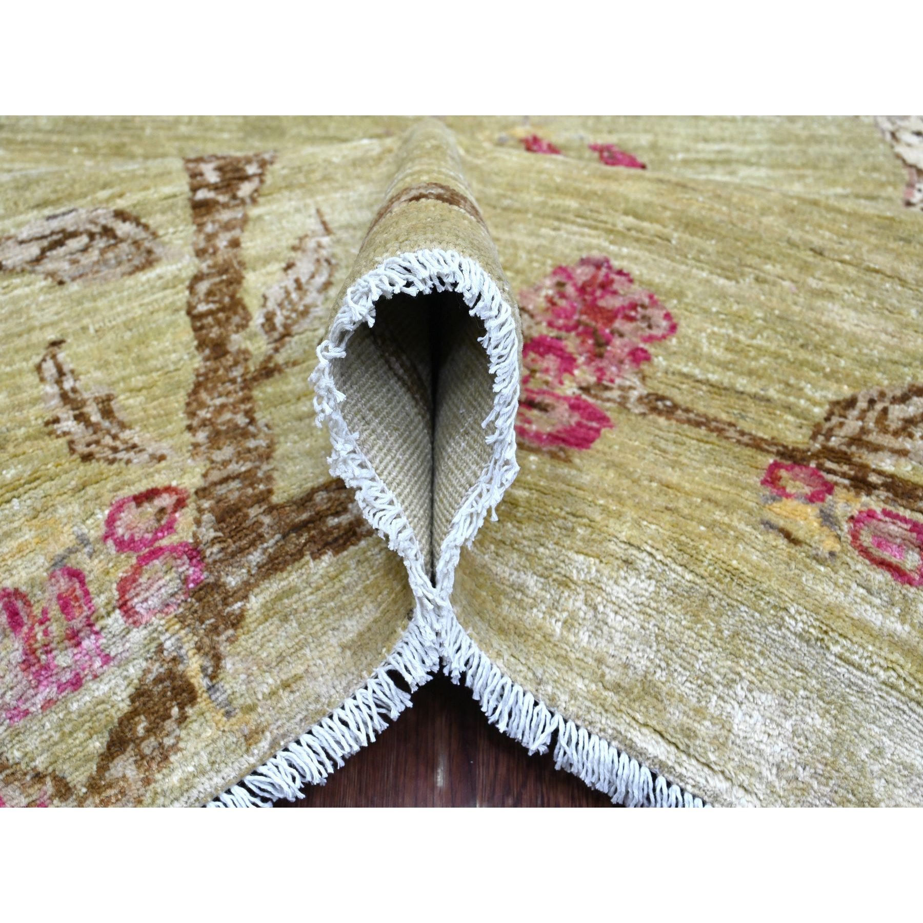 8'3"x9'9" Swamp Green with Touches of Pink, Peshawar, Sparrows on the Tree, Densely Woven, Hand Knotted, Soft 100% Wool, Oriental Rug Sh21007