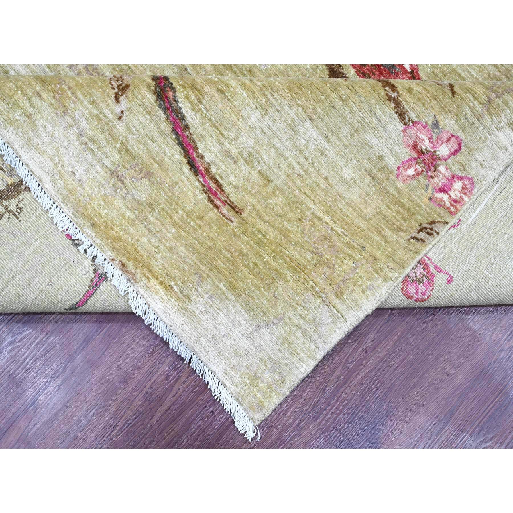 8'3"x9'9" Swamp Green with Touches of Pink, Peshawar, Sparrows on the Tree, Densely Woven, Hand Knotted, Soft 100% Wool, Oriental Rug Sh21007