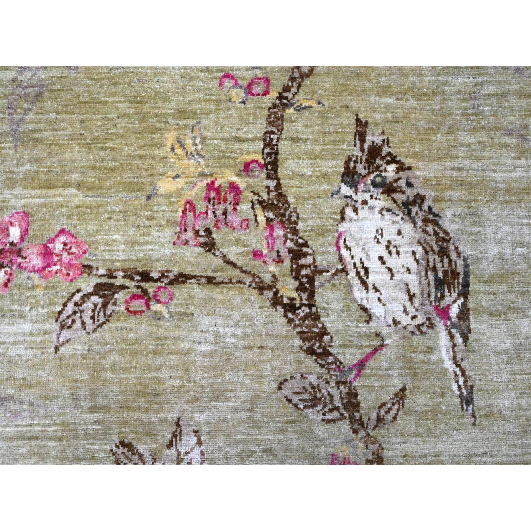 8'3"x9'9" Swamp Green with Touches of Pink, Peshawar, Sparrows on the Tree, Densely Woven, Hand Knotted, Soft 100% Wool, Oriental Rug Sh21007