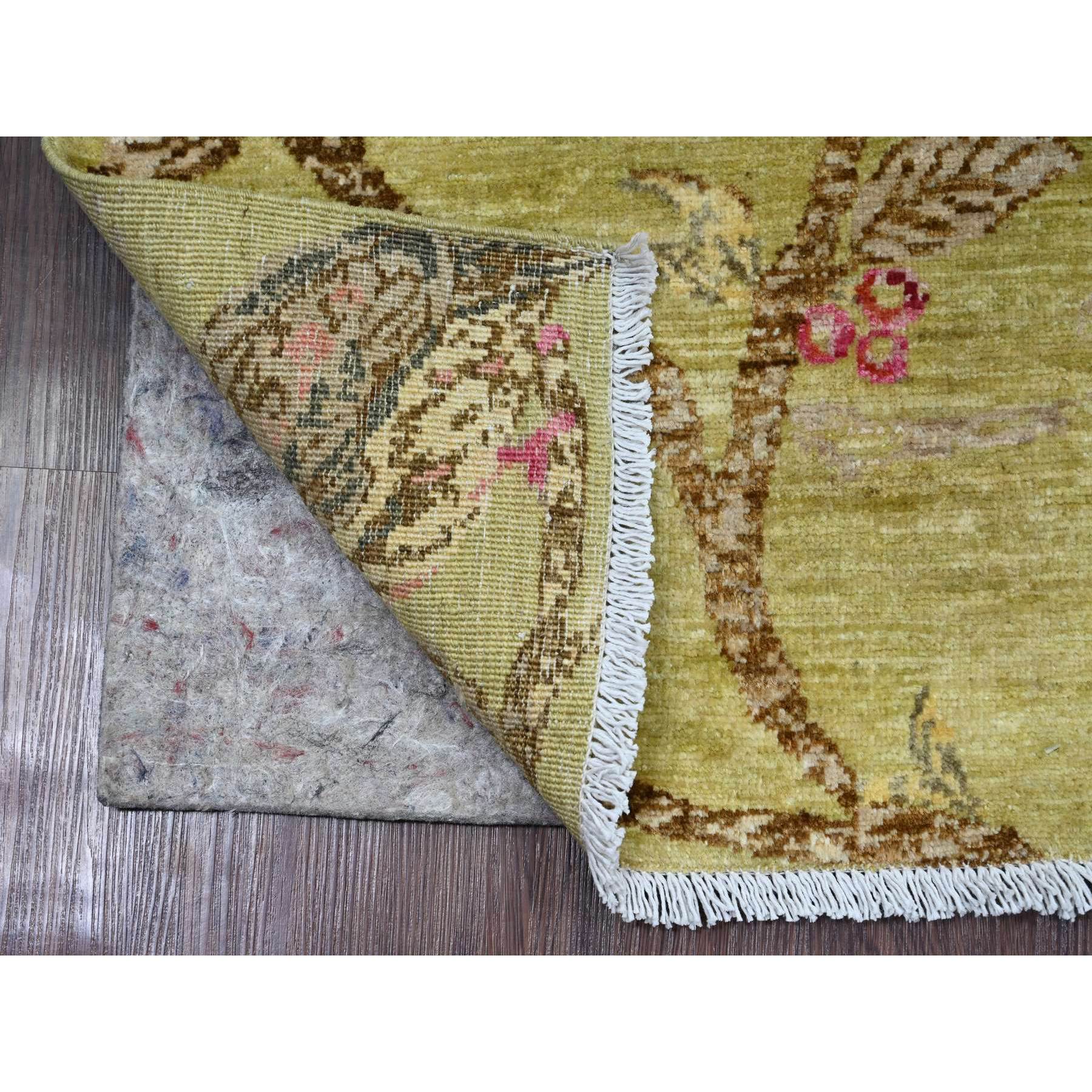 1'10"x3' Olive Green, Sparrows on the Tree, Peshawar, Pure Wool, Densely Woven, Soft to the Touch, Hand Knotted, Mat, Sample, Oriental Rug Sh21014