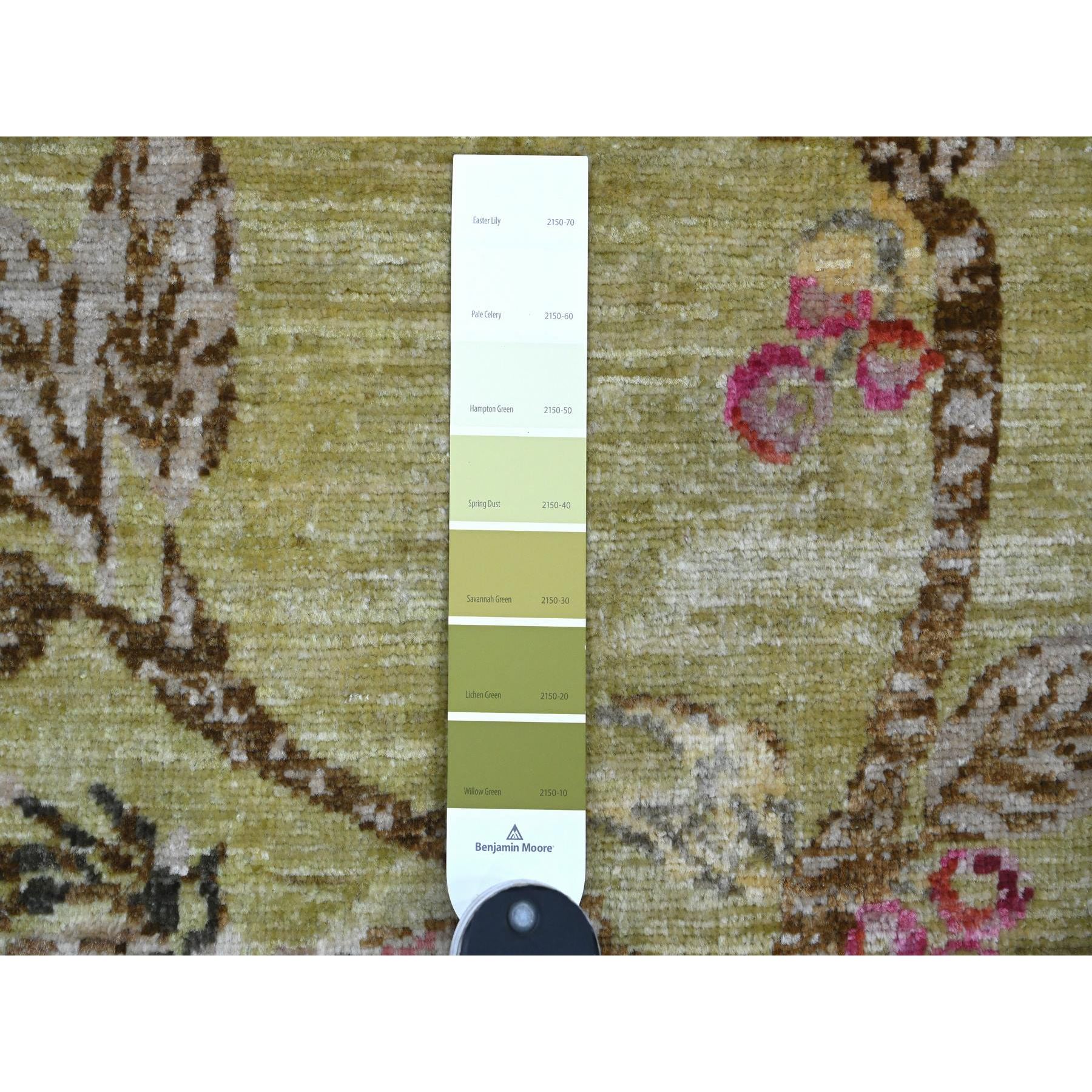 1'10"x3' Olive Green, Sparrows on the Tree, Peshawar, Pure Wool, Densely Woven, Soft to the Touch, Hand Knotted, Mat, Sample, Oriental Rug Sh21014