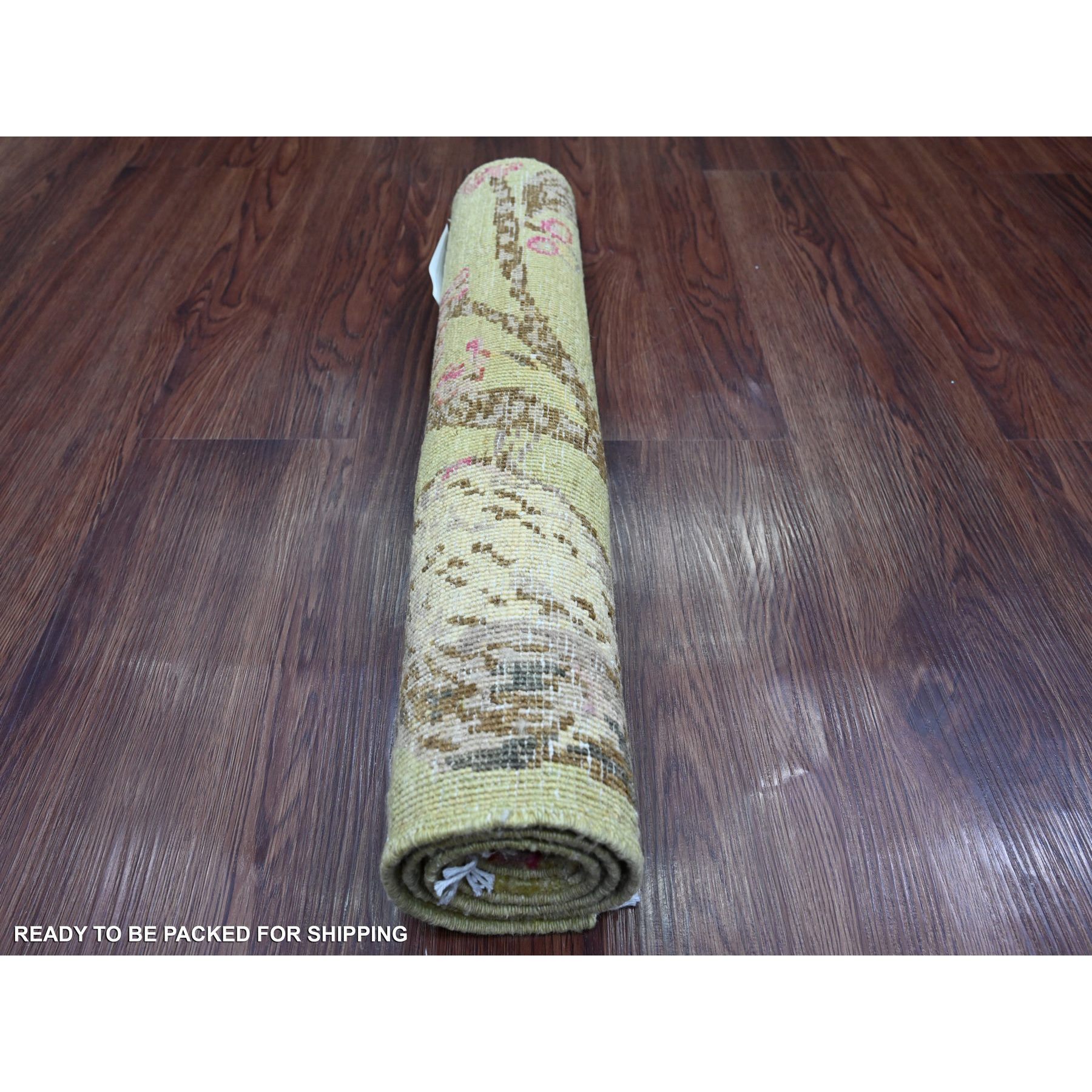 1'10"x3' Olive Green, Sparrows on the Tree, Peshawar, Pure Wool, Densely Woven, Soft to the Touch, Hand Knotted, Mat, Sample, Oriental Rug Sh21014