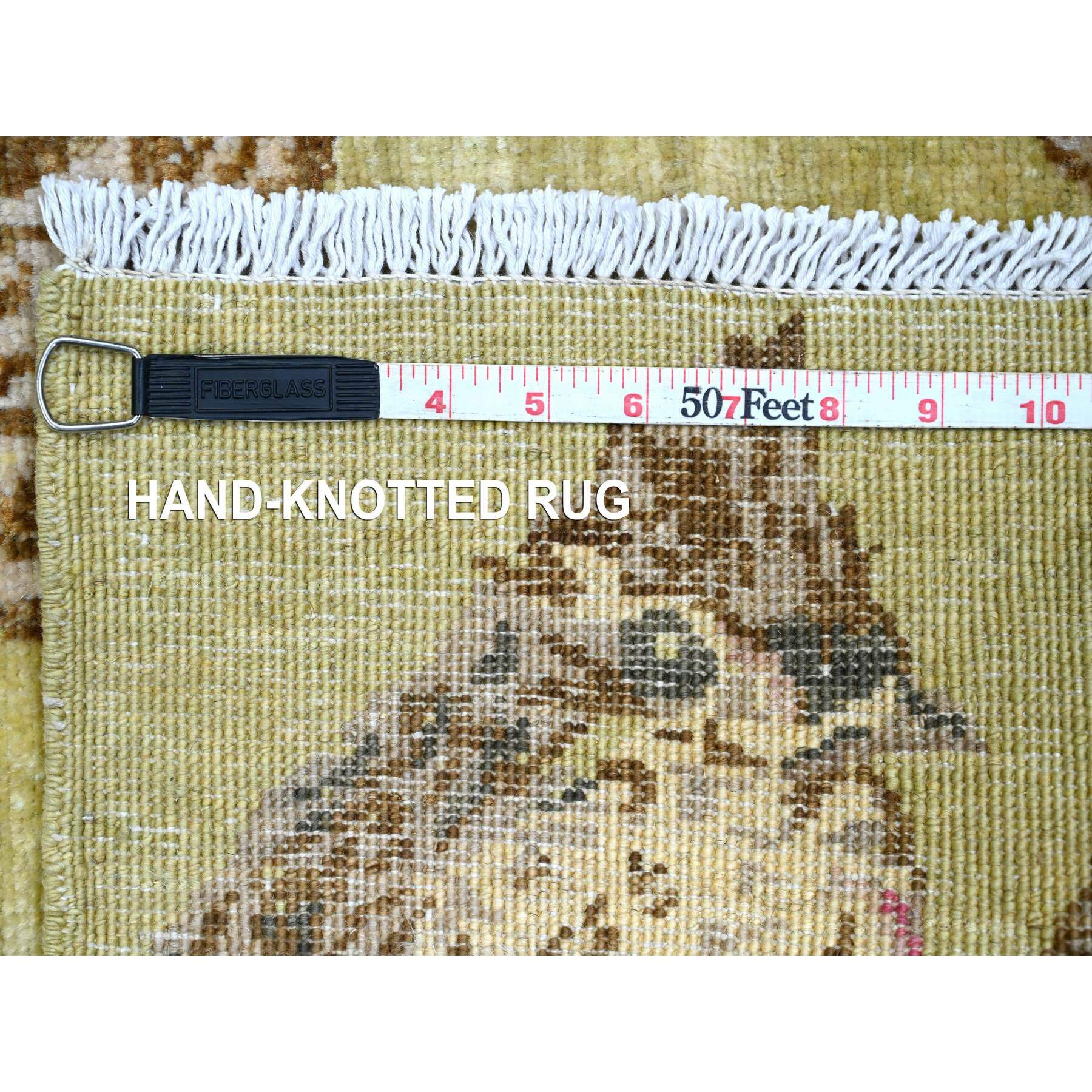1'10"x3' Olive Green, Sparrows on the Tree, Peshawar, Pure Wool, Densely Woven, Soft to the Touch, Hand Knotted, Mat, Sample, Oriental Rug Sh21014