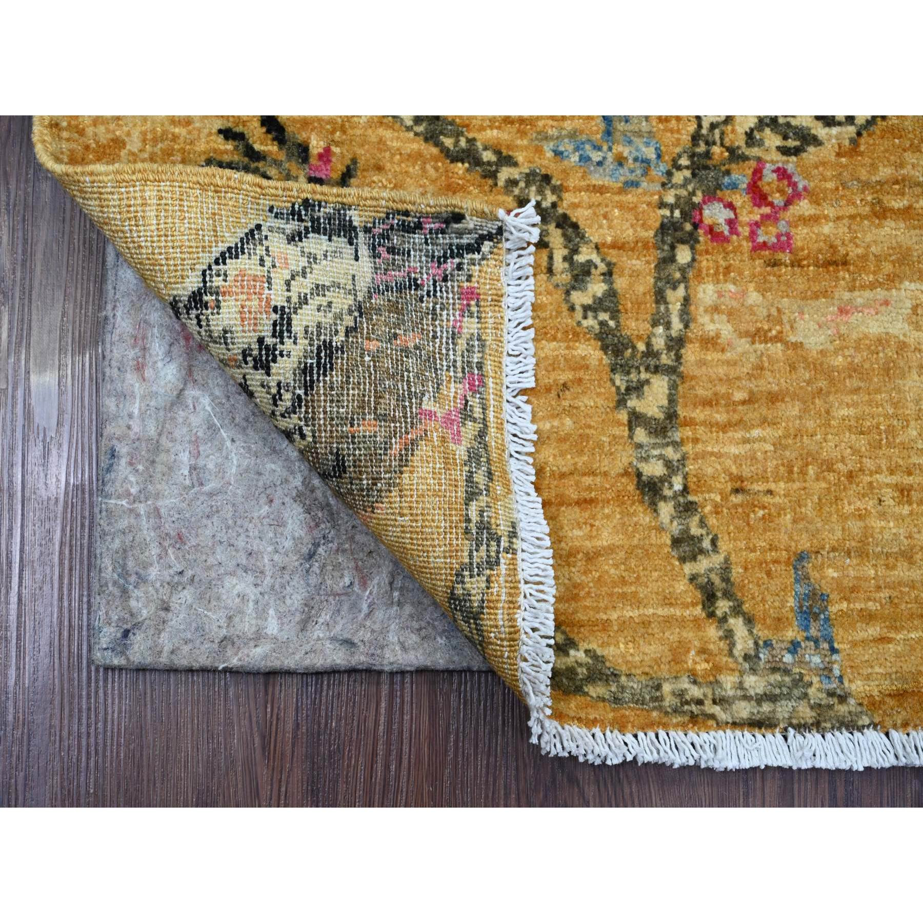 1'10'x2'9" Golden Brown, Hand Knotted, Sparrows on the Tree, Peshawar, Soft, High Mountain Wool, Densely Woven, Mat, Sample, Oriental Rug Sh21015