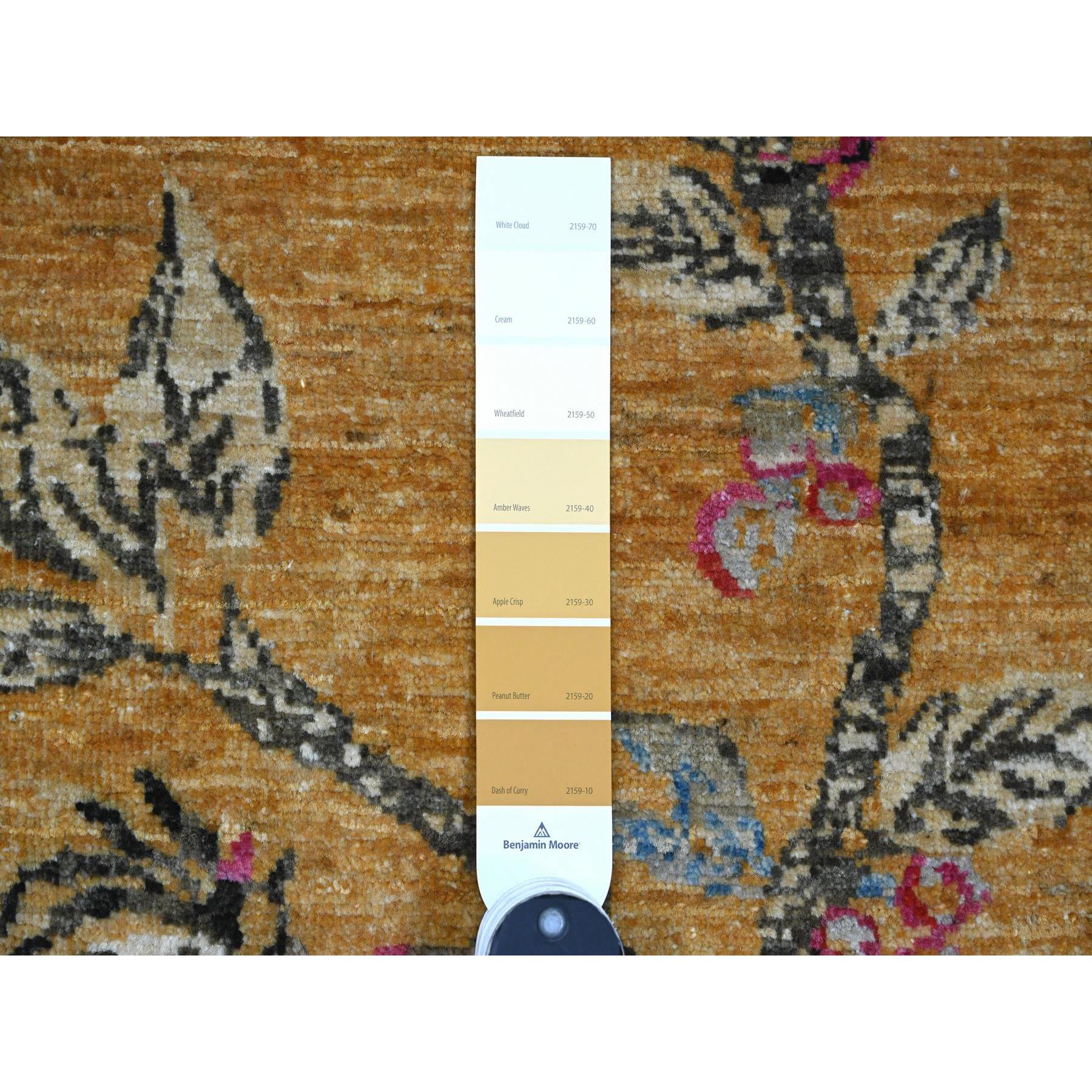 1'10'x2'9" Golden Brown, Hand Knotted, Sparrows on the Tree, Peshawar, Soft, High Mountain Wool, Densely Woven, Mat, Sample, Oriental Rug Sh21015