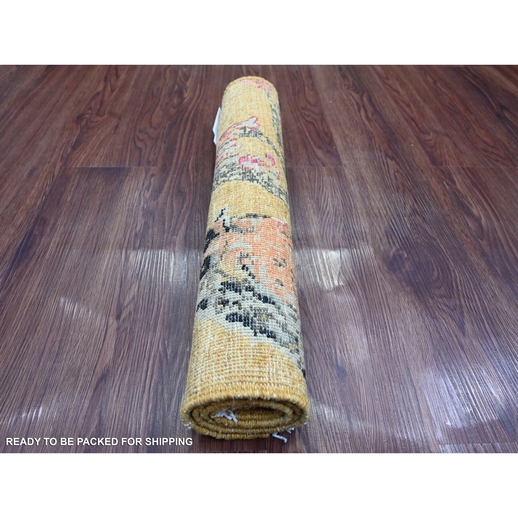 1'10'x2'9" Golden Brown, Hand Knotted, Sparrows on the Tree, Peshawar, Soft, High Mountain Wool, Densely Woven, Mat, Sample, Oriental Rug Sh21015