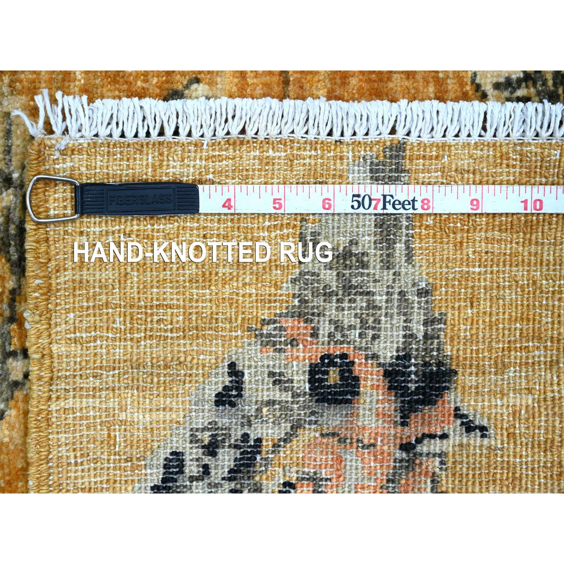 1'10'x2'9" Golden Brown, Hand Knotted, Sparrows on the Tree, Peshawar, Soft, High Mountain Wool, Densely Woven, Mat, Sample, Oriental Rug Sh21015
