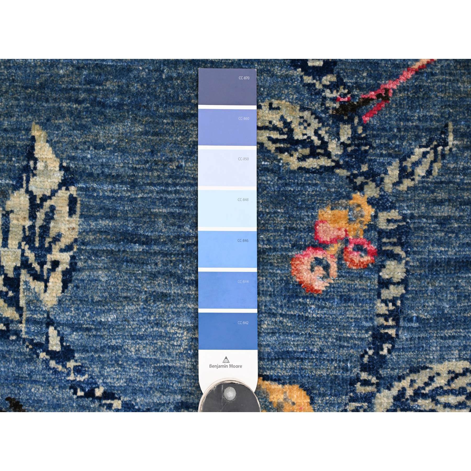 2'x2'10" Yale Blue, Densely Woven, Sparrows on the Tree, Peshawar, Pure Wool, Soft Pile, Hand Knotted, Sample, Mat, Oriental Rug Sh21016