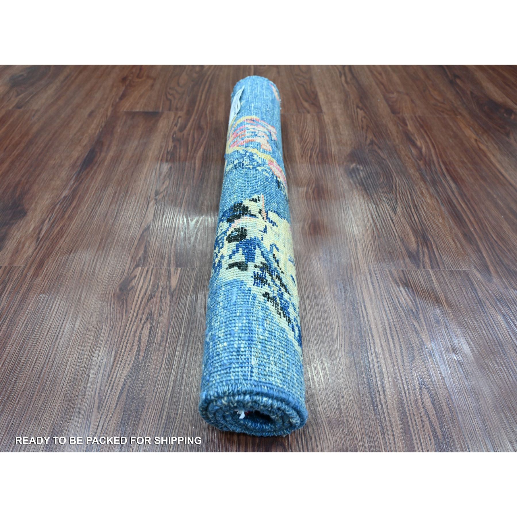 2'x2'10" Yale Blue, Densely Woven, Sparrows on the Tree, Peshawar, Pure Wool, Soft Pile, Hand Knotted, Sample, Mat, Oriental Rug Sh21016